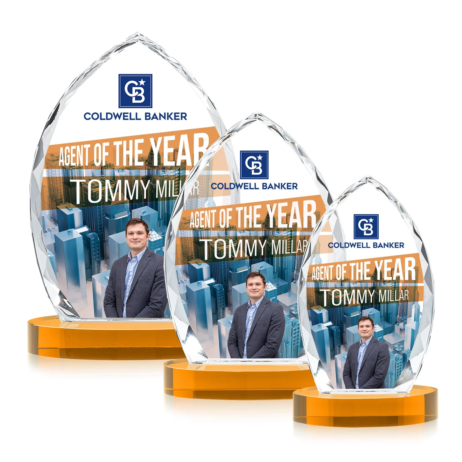Branded Faceted Diamond-Edge Optical Crystal Award on Oval Base for retirement presentations