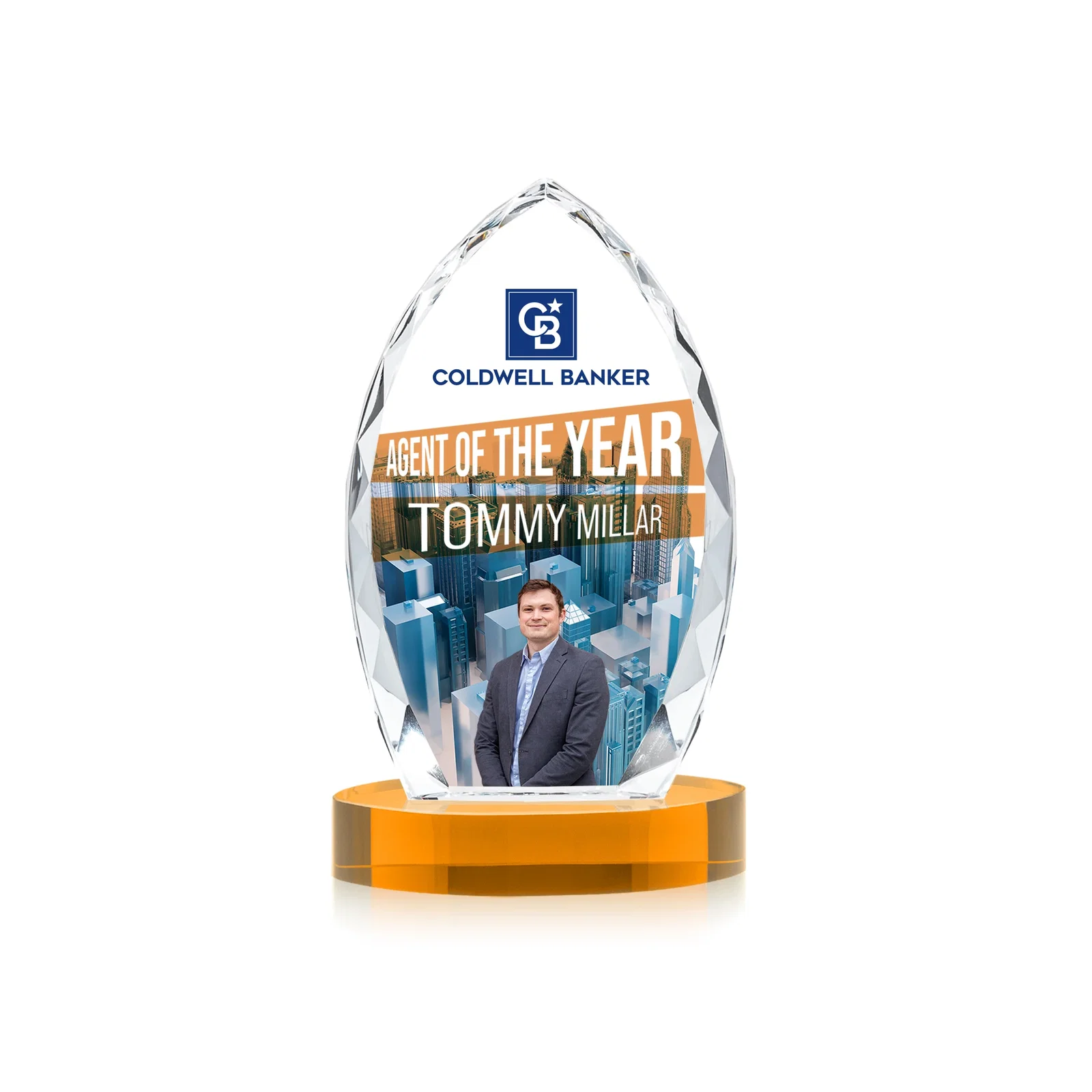 Branded Faceted Diamond-Edge Optical Crystal Award on Oval Base for team milestone celebrations