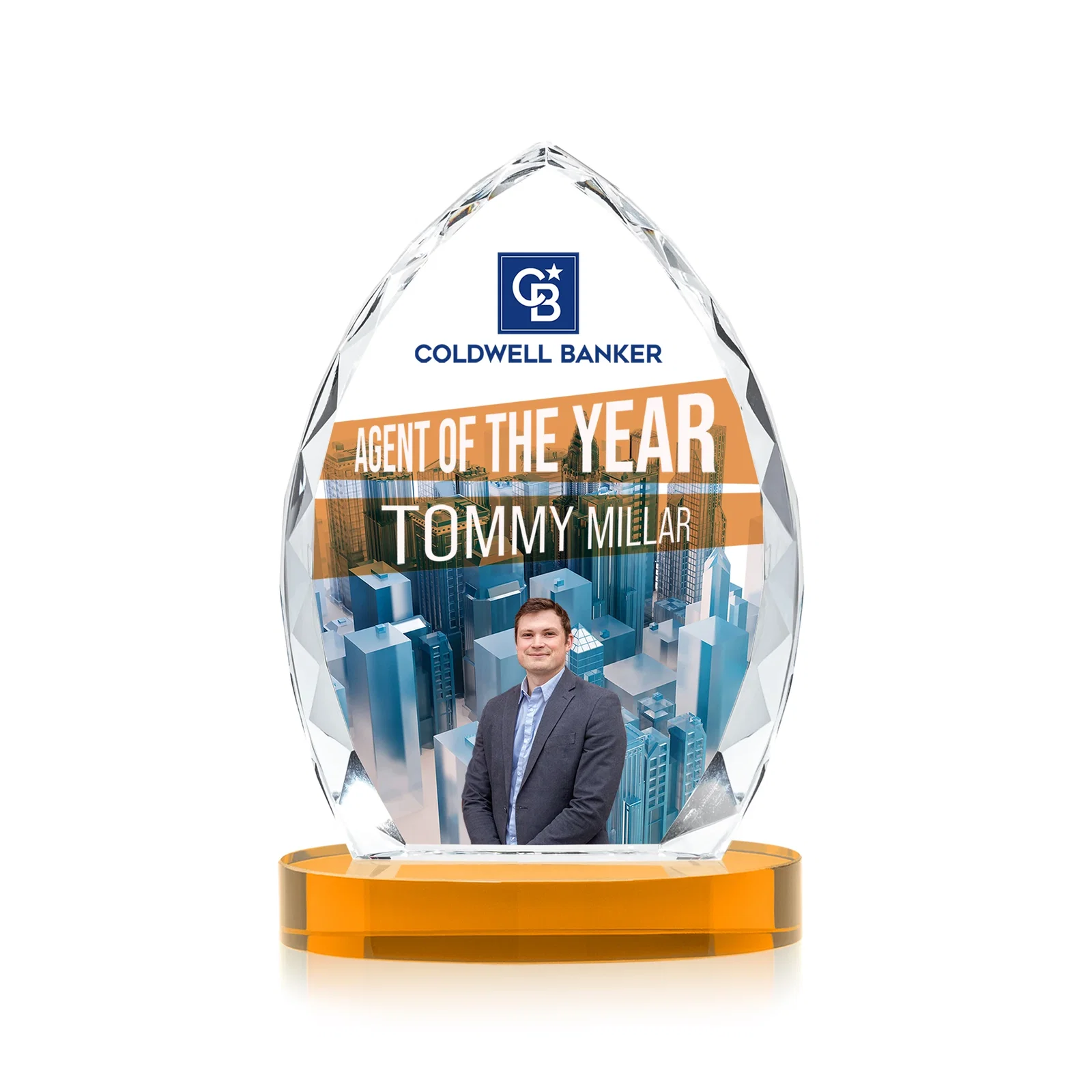 Branded Faceted Diamond-Edge Optical Crystal Award on Oval Base for donor appreciation