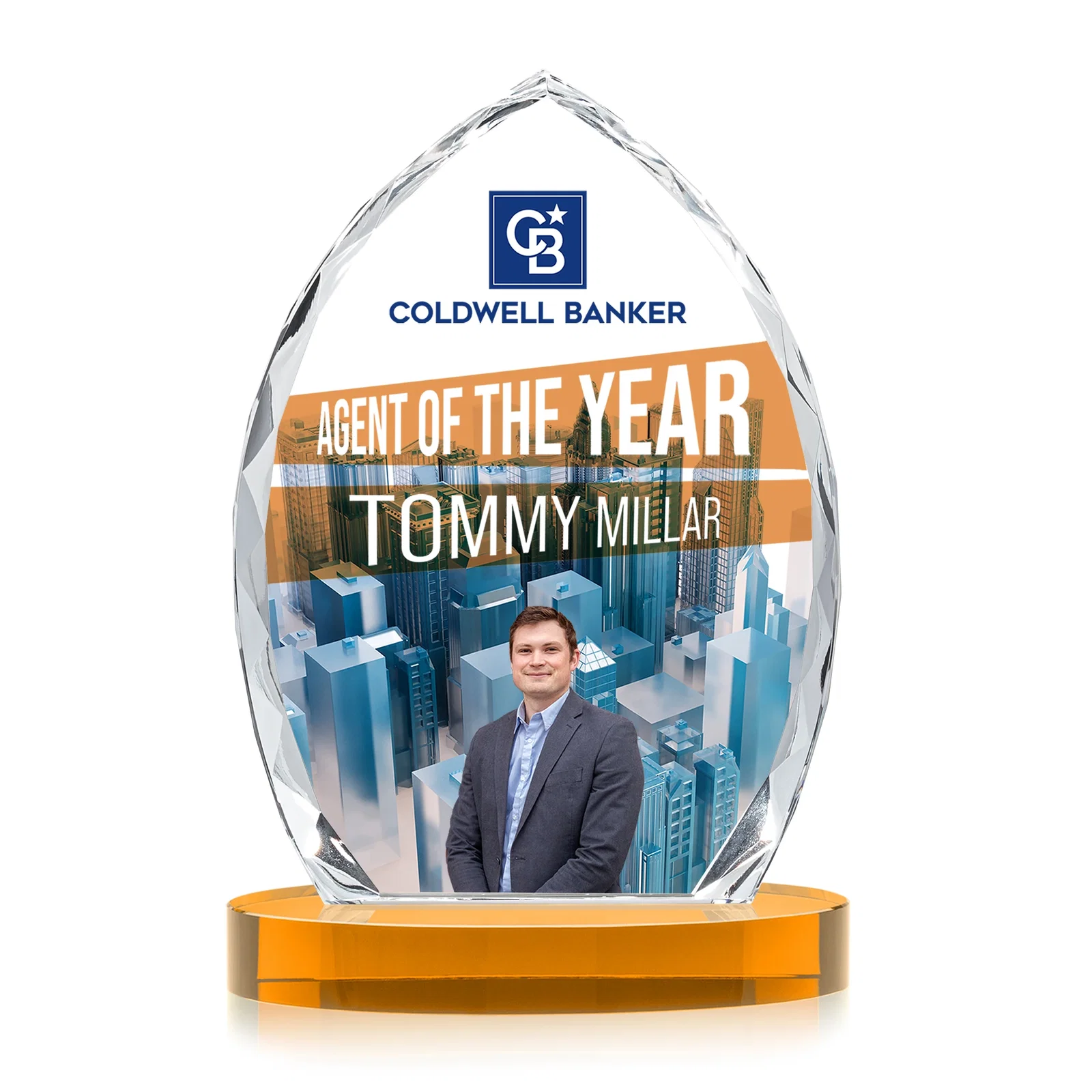 Branded Faceted Diamond-Edge Optical Crystal Award on Oval Base for graduation ceremonies