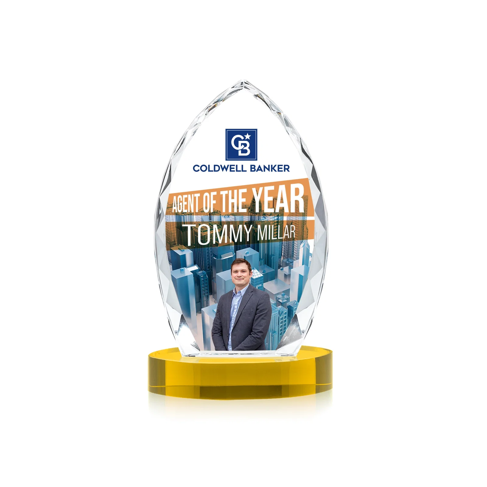 Branded Faceted Diamond-Edge Optical Crystal Award on Oval Base for volunteer appreciation