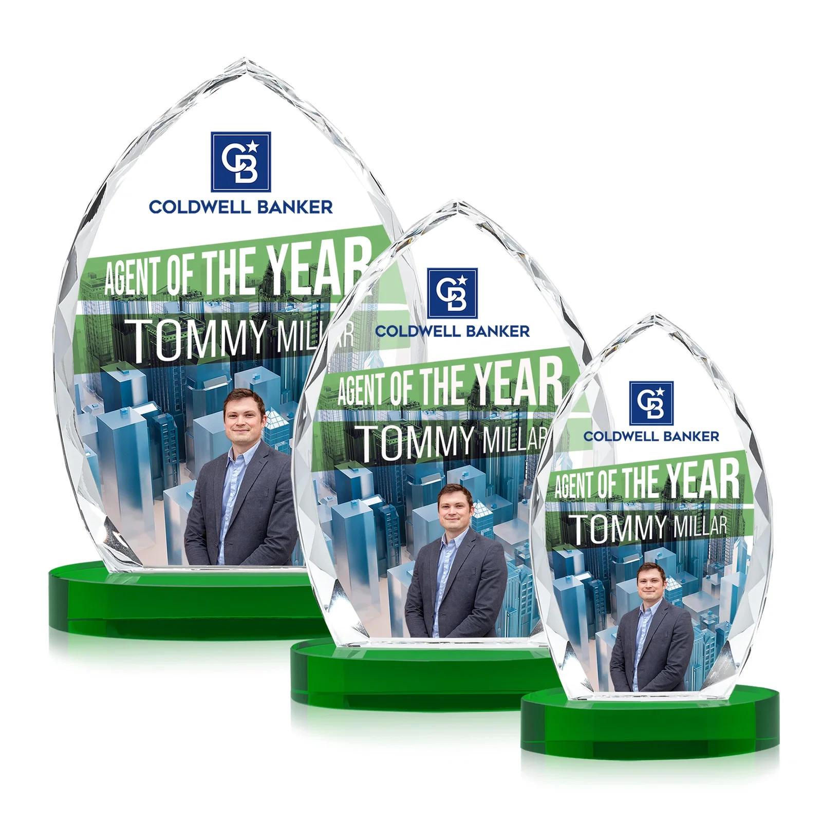 Custom printed Faceted Diamond-Edge Optical Crystal Award on Oval Base for employee recognition