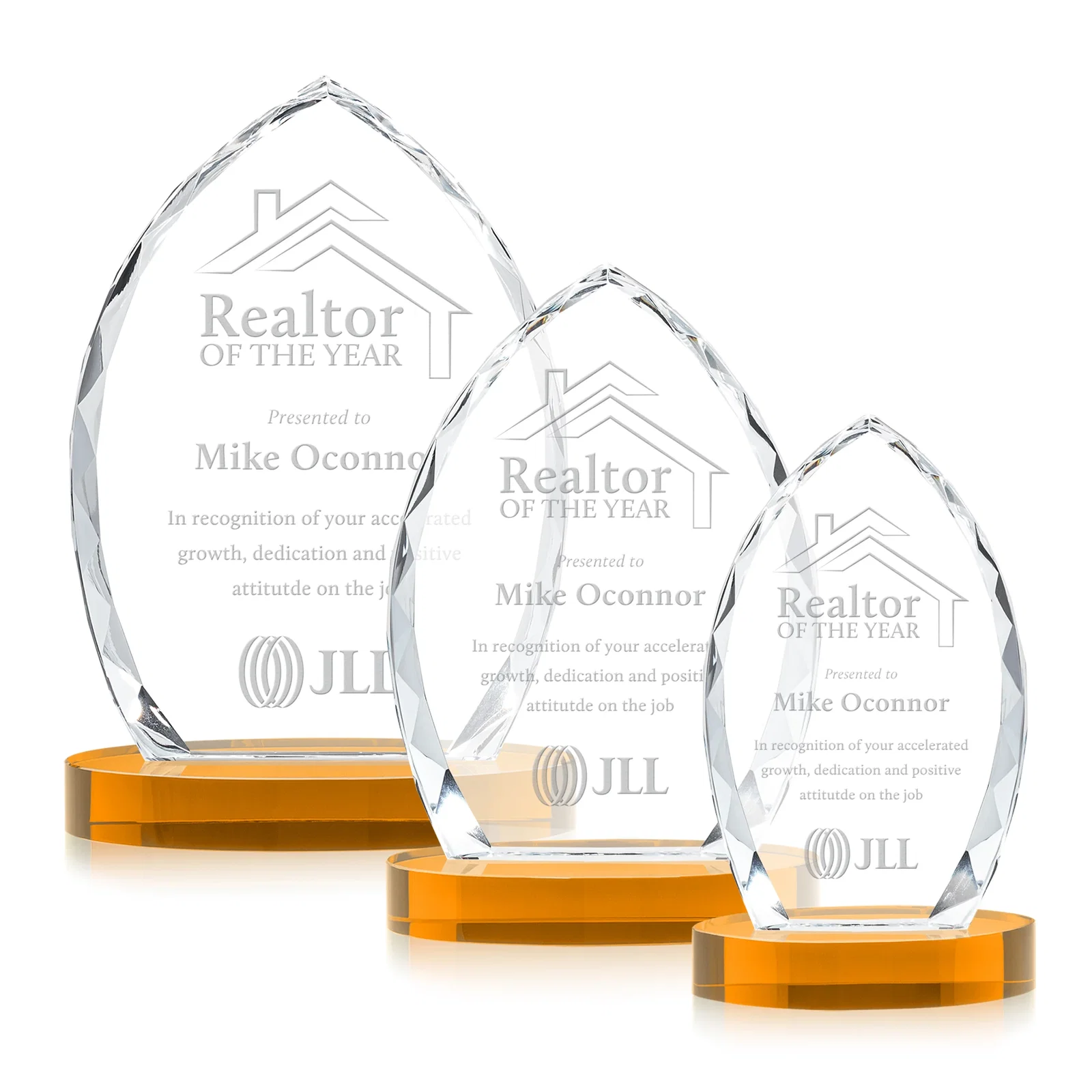 Custom Faceted Diamond-Edge Optical Crystal Award on Oval Base for retirement presentations