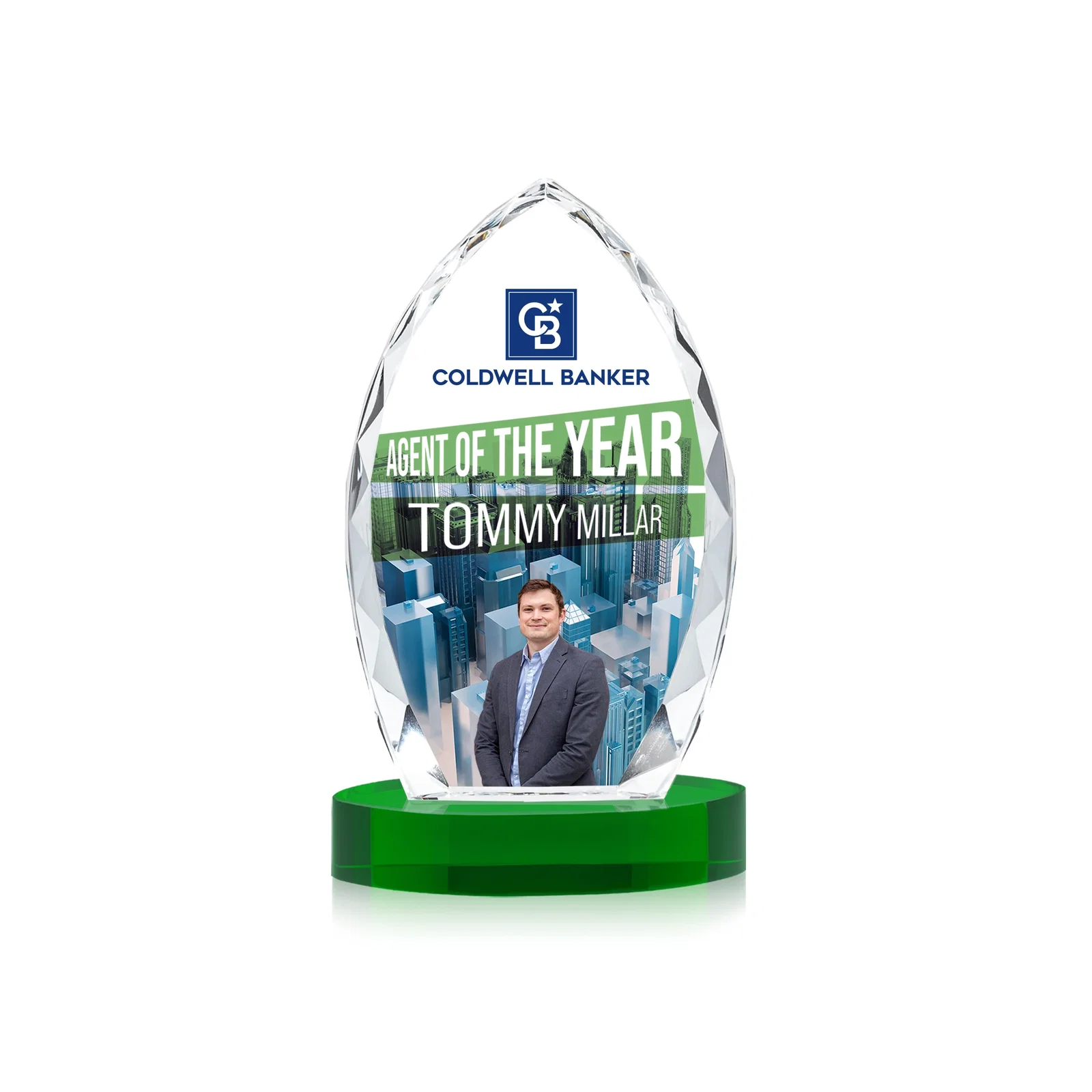 Custom printed Faceted Diamond-Edge Optical Crystal Award on Oval Base for corporate award ceremonies