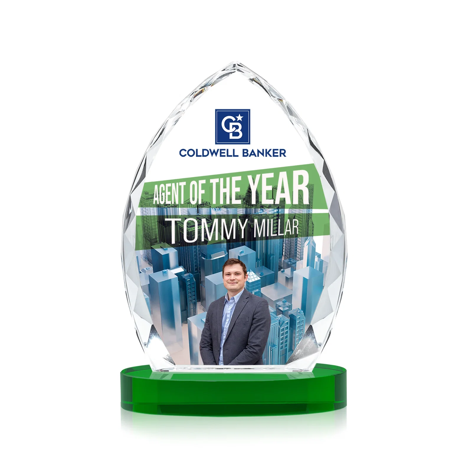 Custom printed Faceted Diamond-Edge Optical Crystal Award on Oval Base for service anniversary gifts