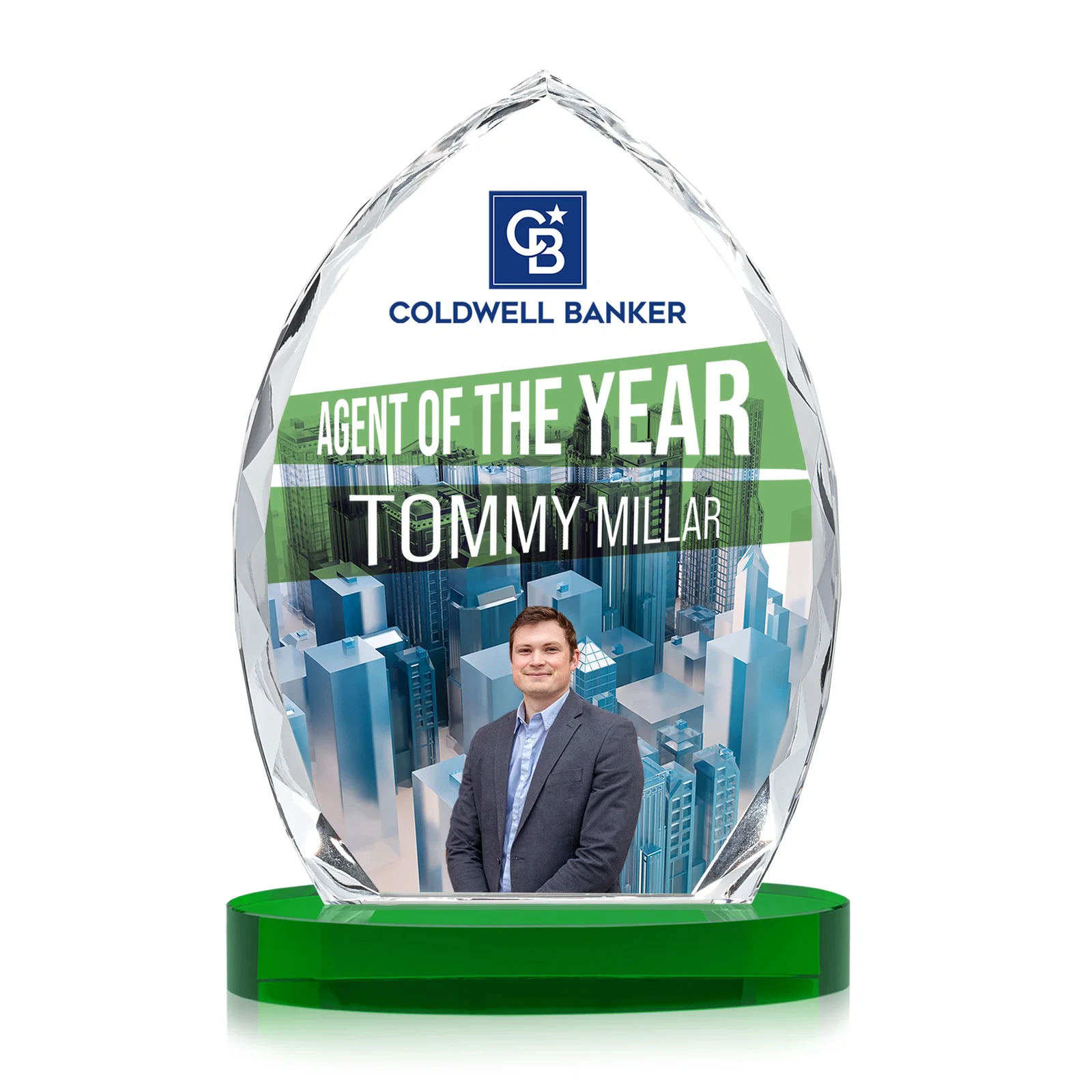 Custom printed Faceted Diamond-Edge Optical Crystal Award on Oval Base for sales achievement awards