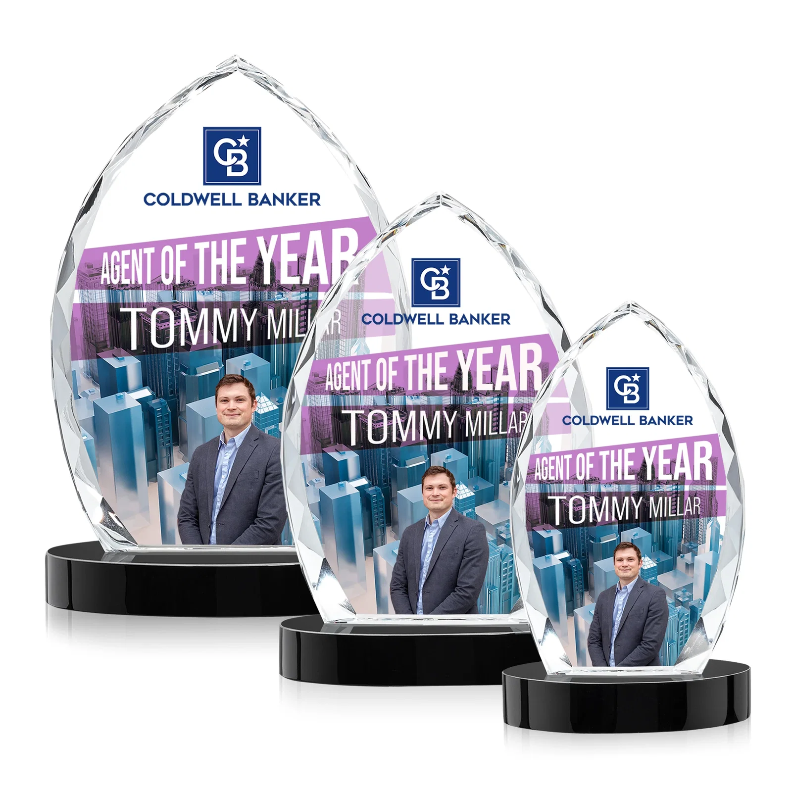 Custom printed Faceted Diamond-Edge Optical Crystal Award on Oval Base for retirement presentations