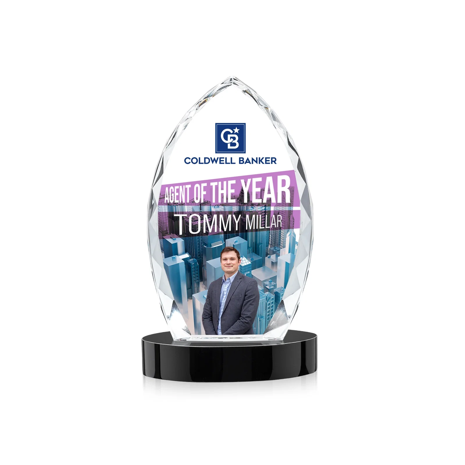 Custom printed Faceted Diamond-Edge Optical Crystal Award on Oval Base for team milestone celebrations