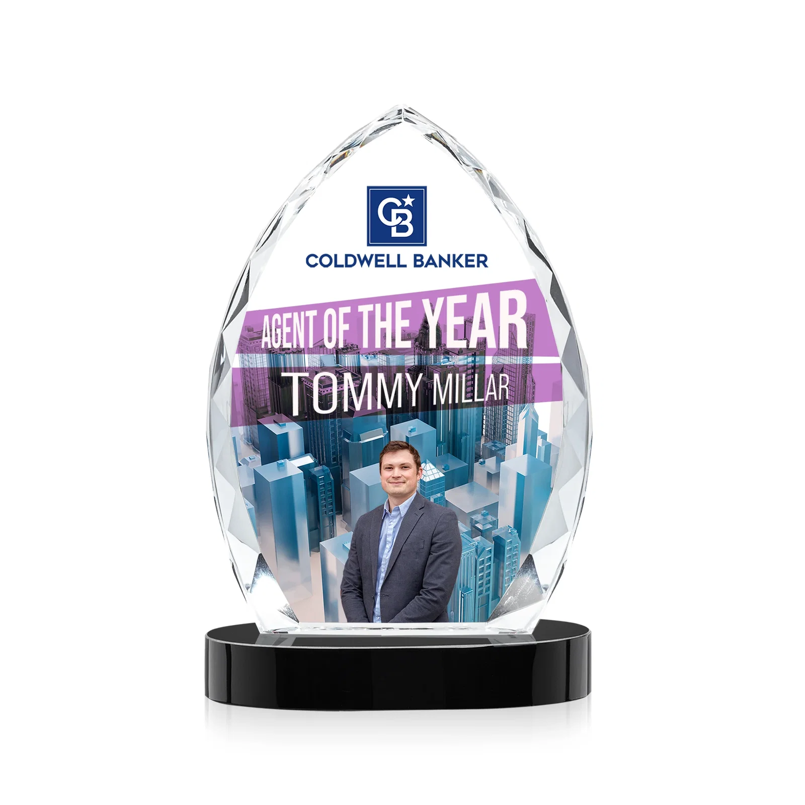 Custom printed Faceted Diamond-Edge Optical Crystal Award on Oval Base for donor appreciation