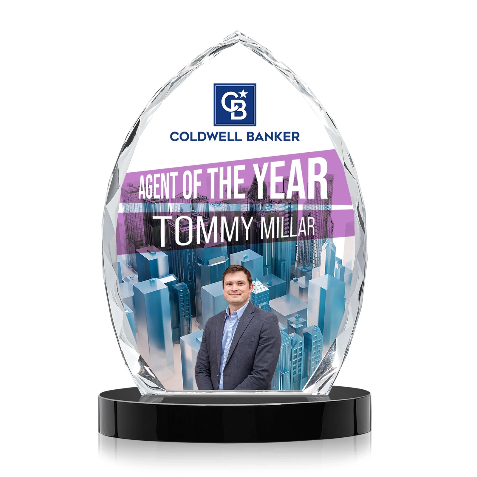 Custom printed Faceted Diamond-Edge Optical Crystal Award on Oval Base for graduation ceremonies