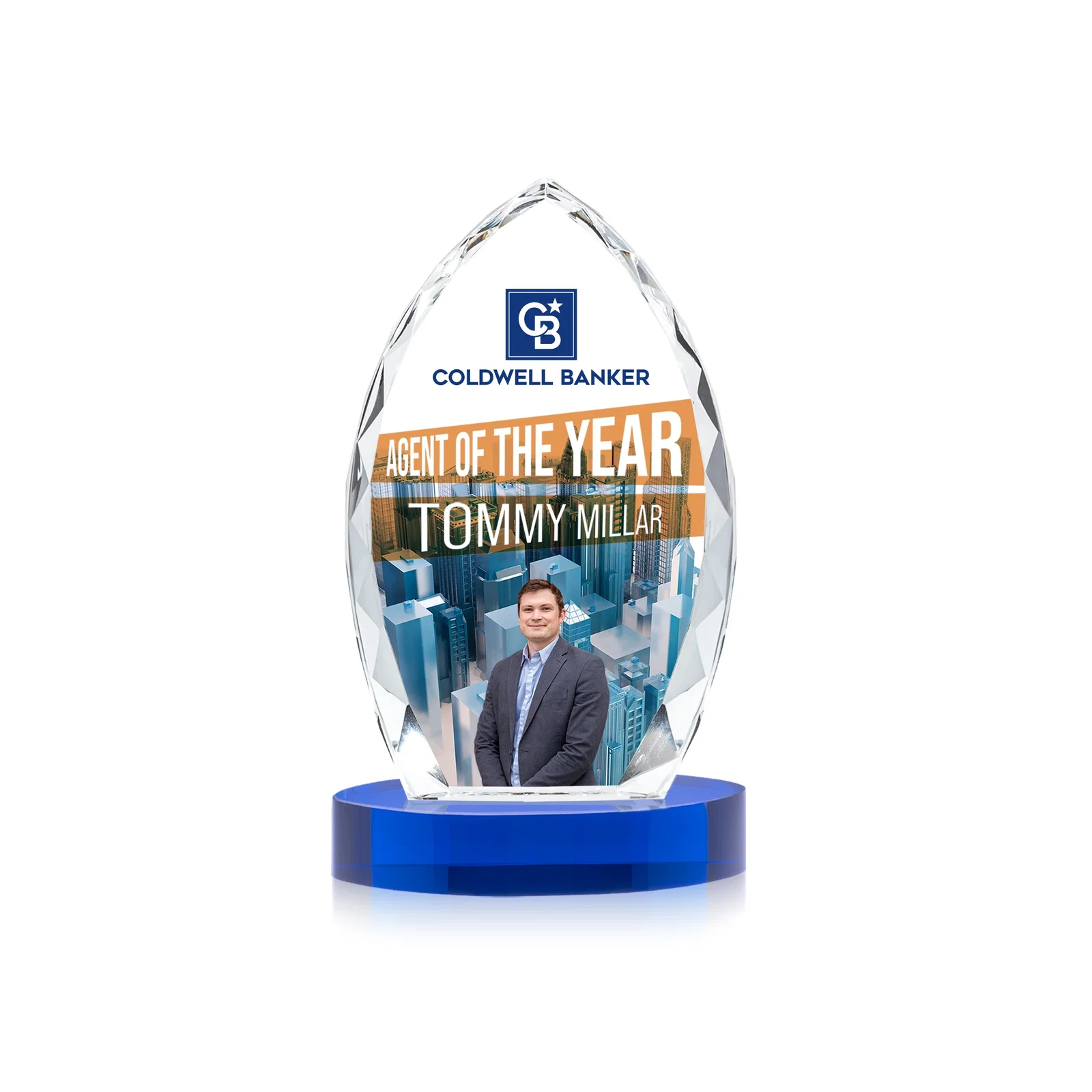Custom printed Faceted Diamond-Edge Optical Crystal Award on Oval Base for volunteer appreciation