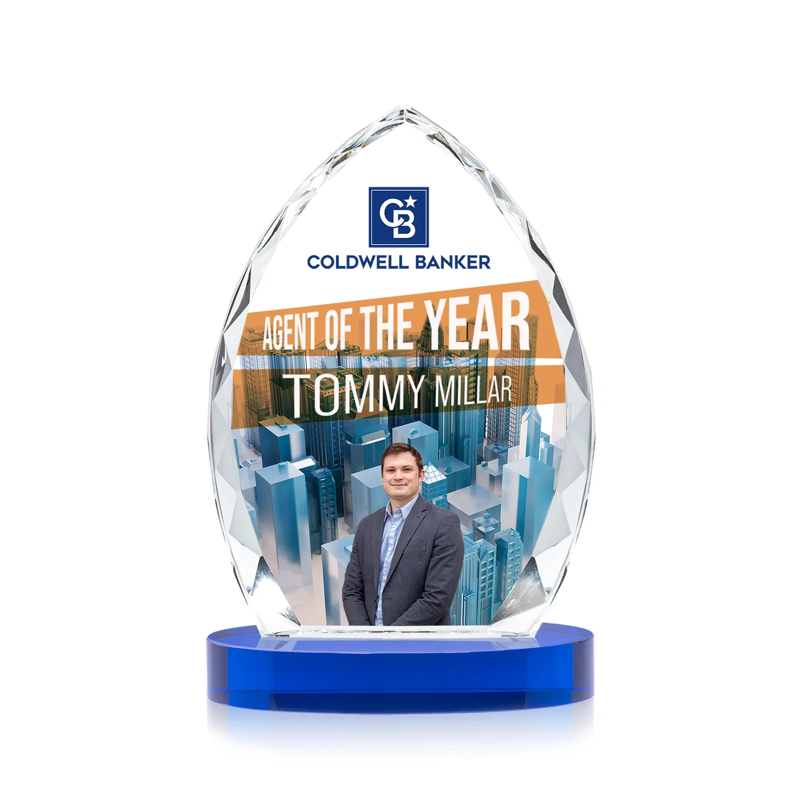 Custom printed Faceted Diamond-Edge Optical Crystal Award on Oval Base for dealer and partner awards