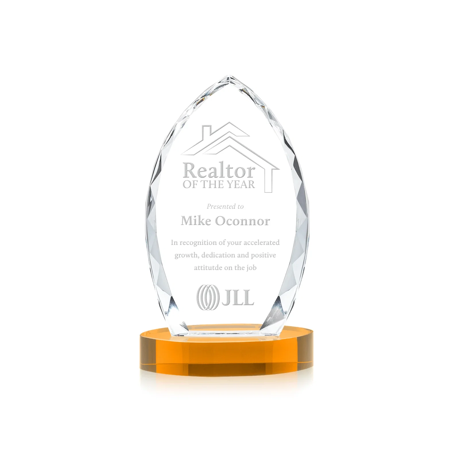 Custom Faceted Diamond-Edge Optical Crystal Award on Oval Base for team milestone celebrations