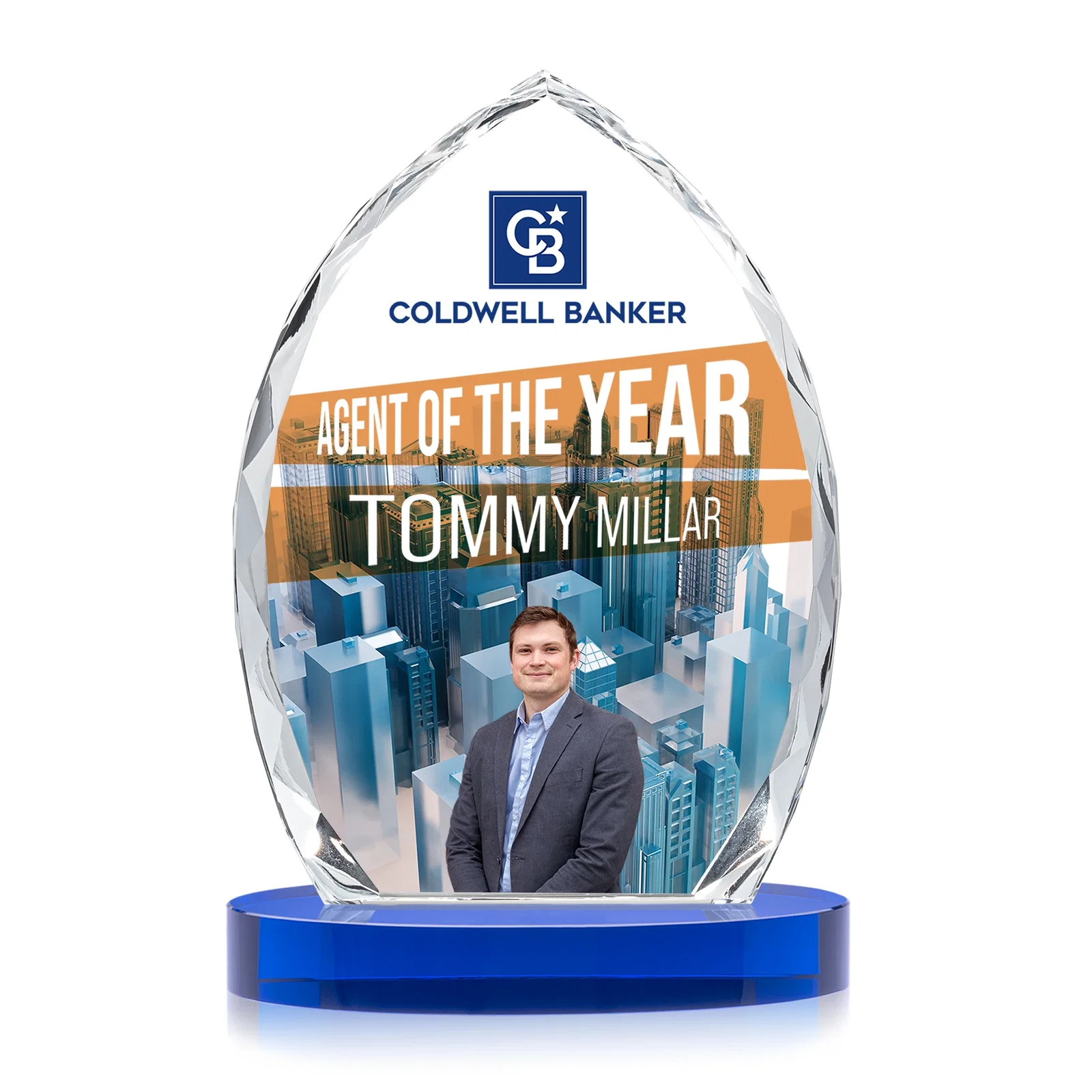 Custom printed Faceted Diamond-Edge Optical Crystal Award on Oval Base for company anniversary events