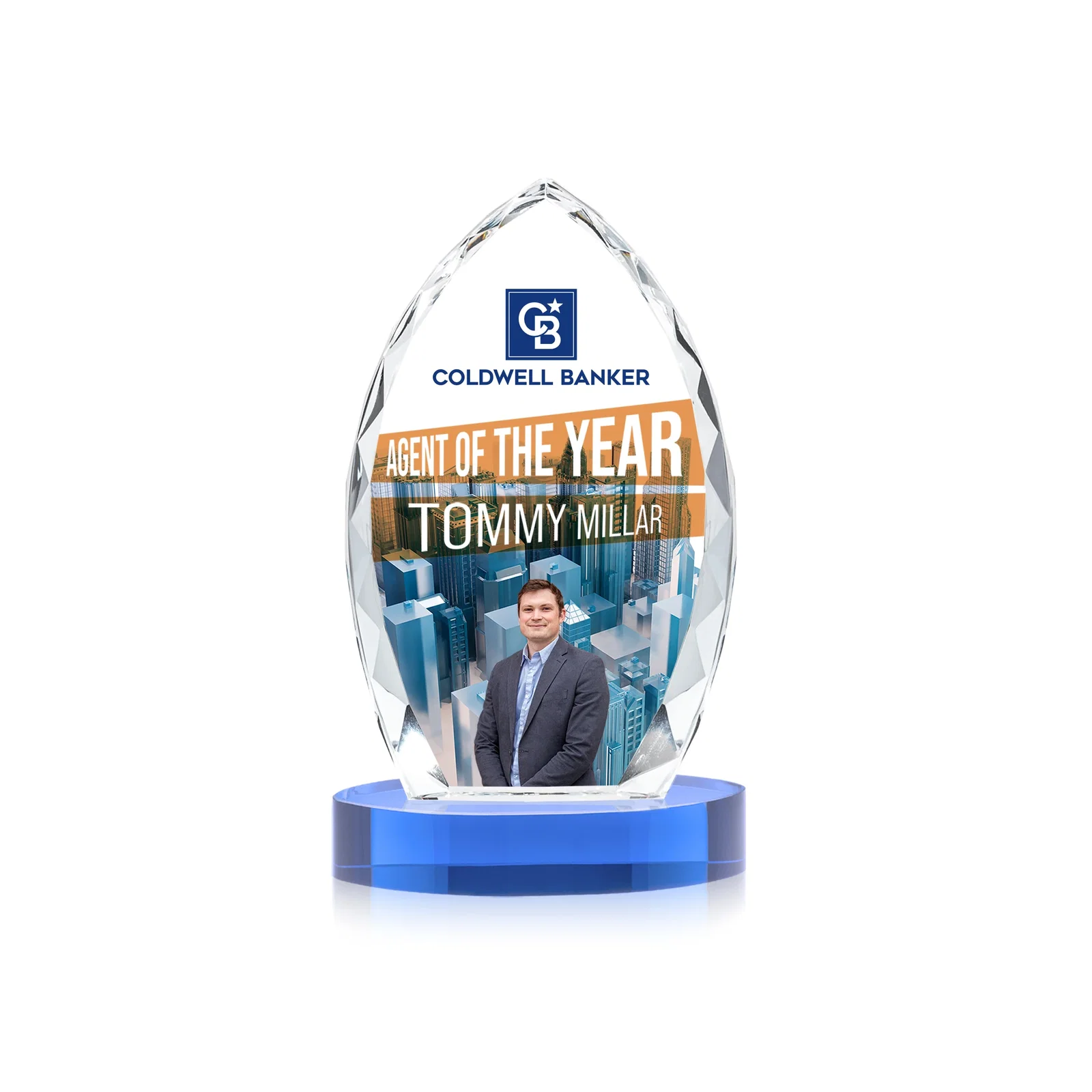 Customized Faceted Diamond-Edge Optical Crystal Award on Oval Base for team milestone celebrations