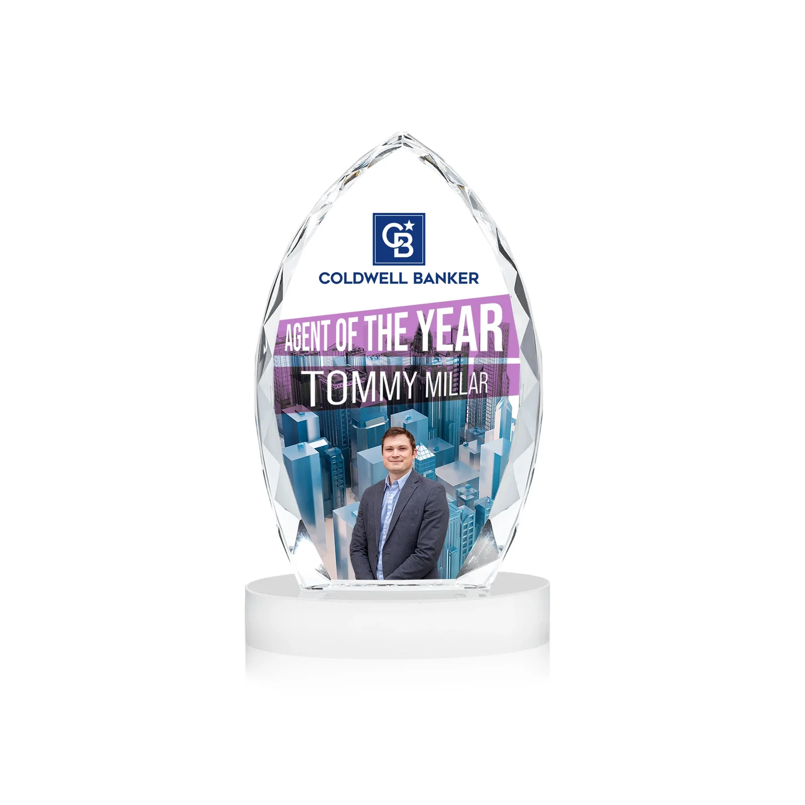 Customized Faceted Diamond-Edge Optical Crystal Award on Oval Base for volunteer appreciation