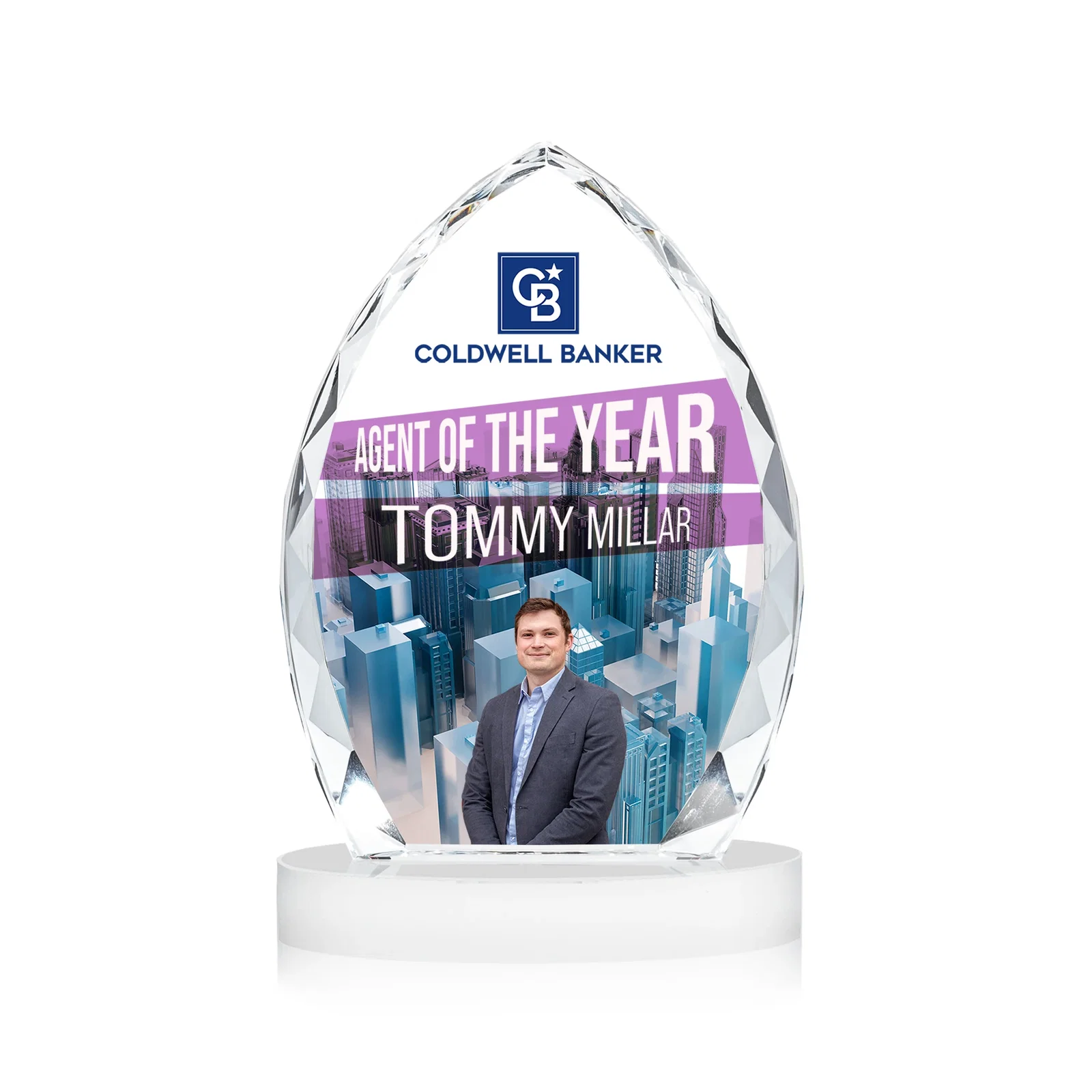 Customized Faceted Diamond-Edge Optical Crystal Award on Oval Base for dealer and partner awards