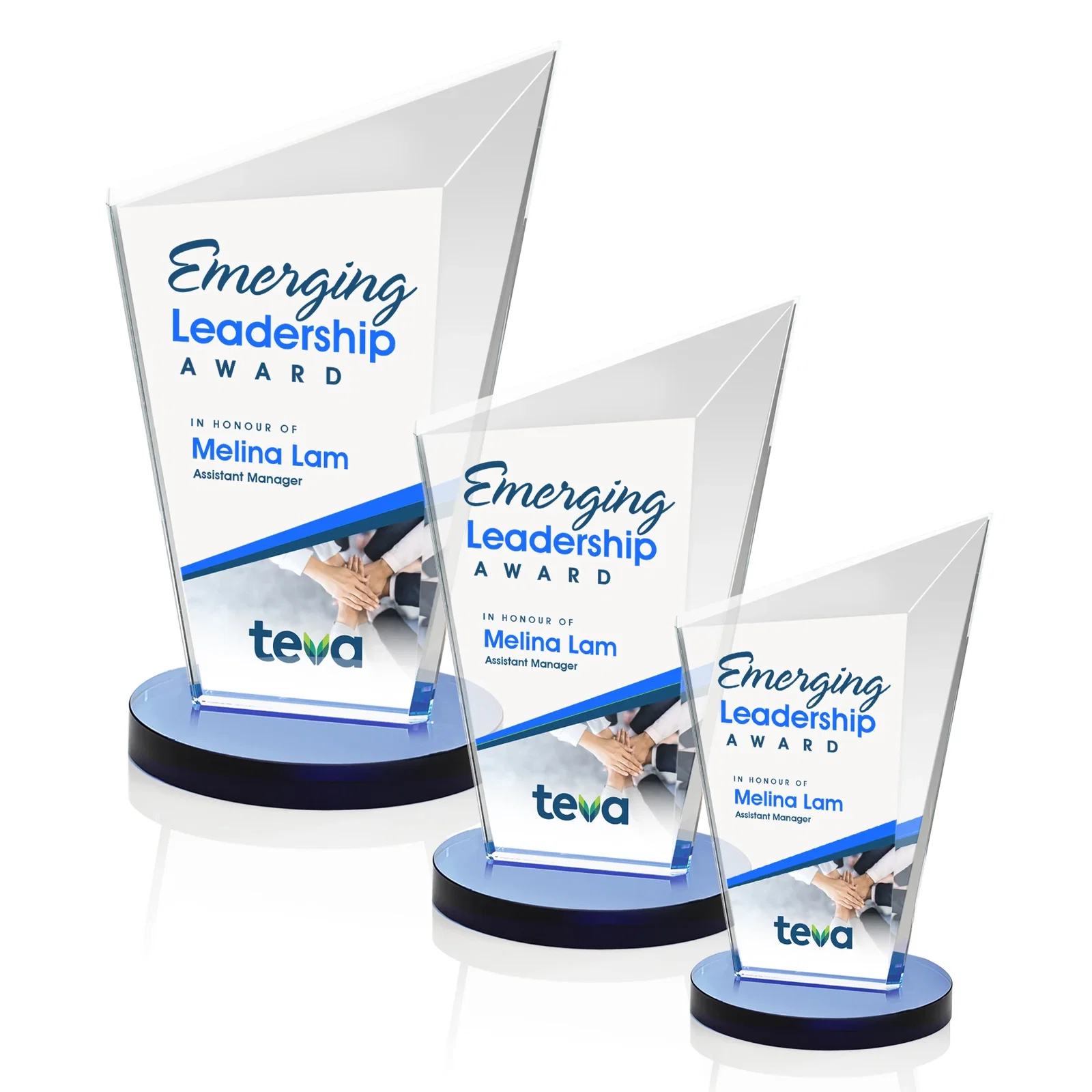 Custom printed Starfire Crystal Peak Award with Upward-Angled Top Bevel, awards for employee recognition