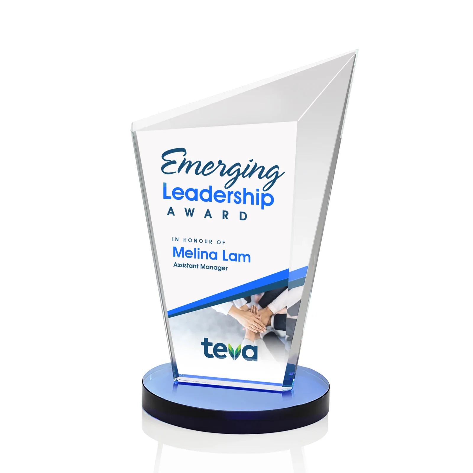 Custom printed Starfire Crystal Peak Award with Upward-Angled Top Bevel, awards for corporate award ceremonies