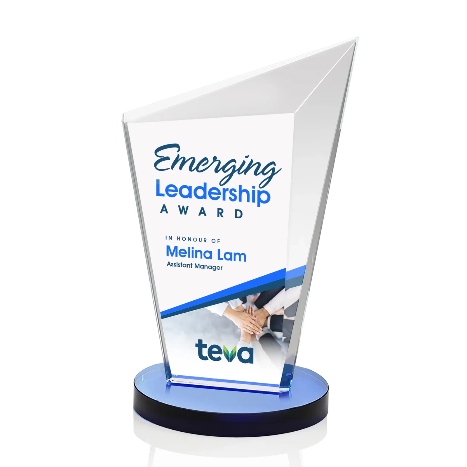 Custom printed Starfire Crystal Peak Award with Upward-Angled Top Bevel, awards for service anniversary gifts