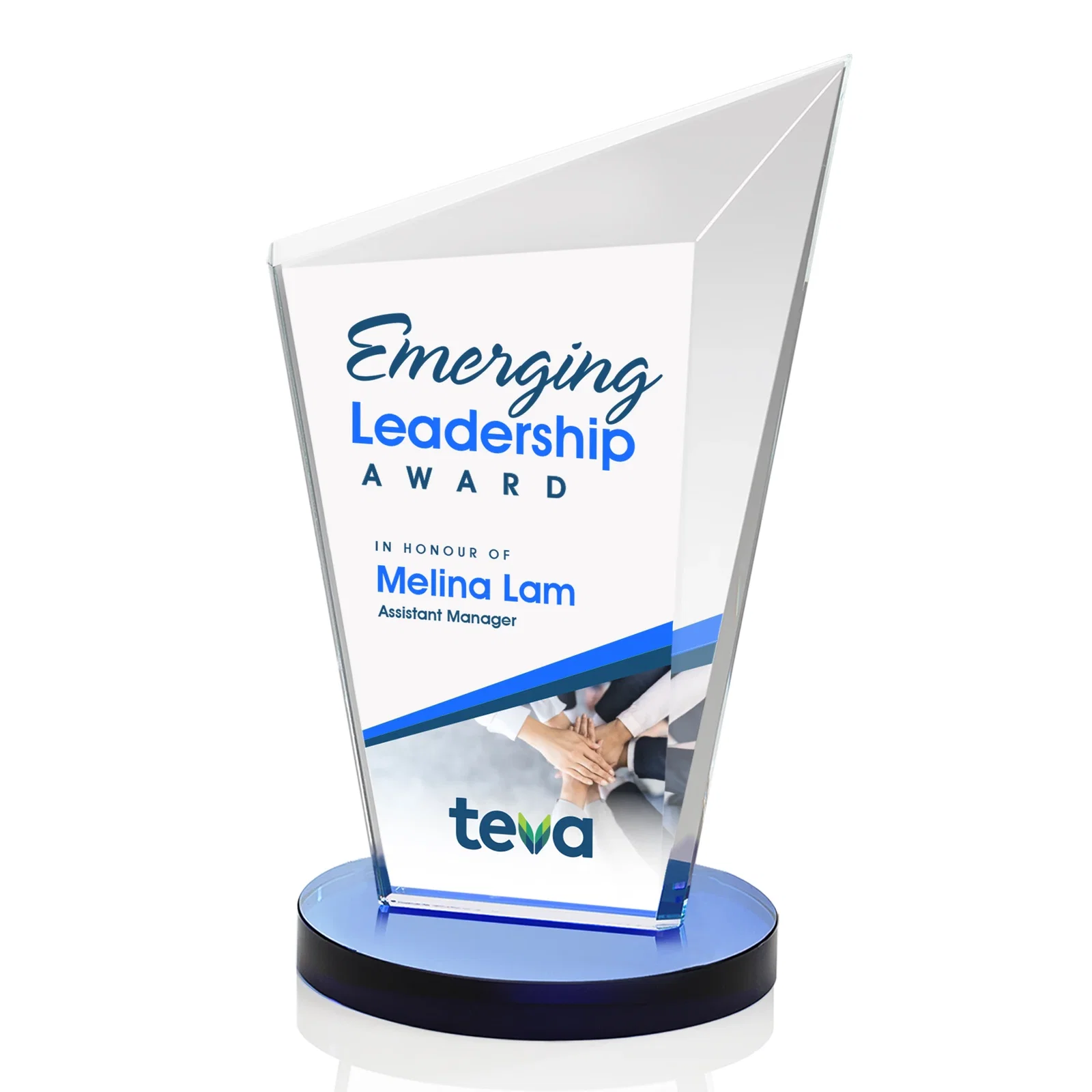 Custom printed Starfire Crystal Peak Award with Upward-Angled Top Bevel, awards for sales achievement awards