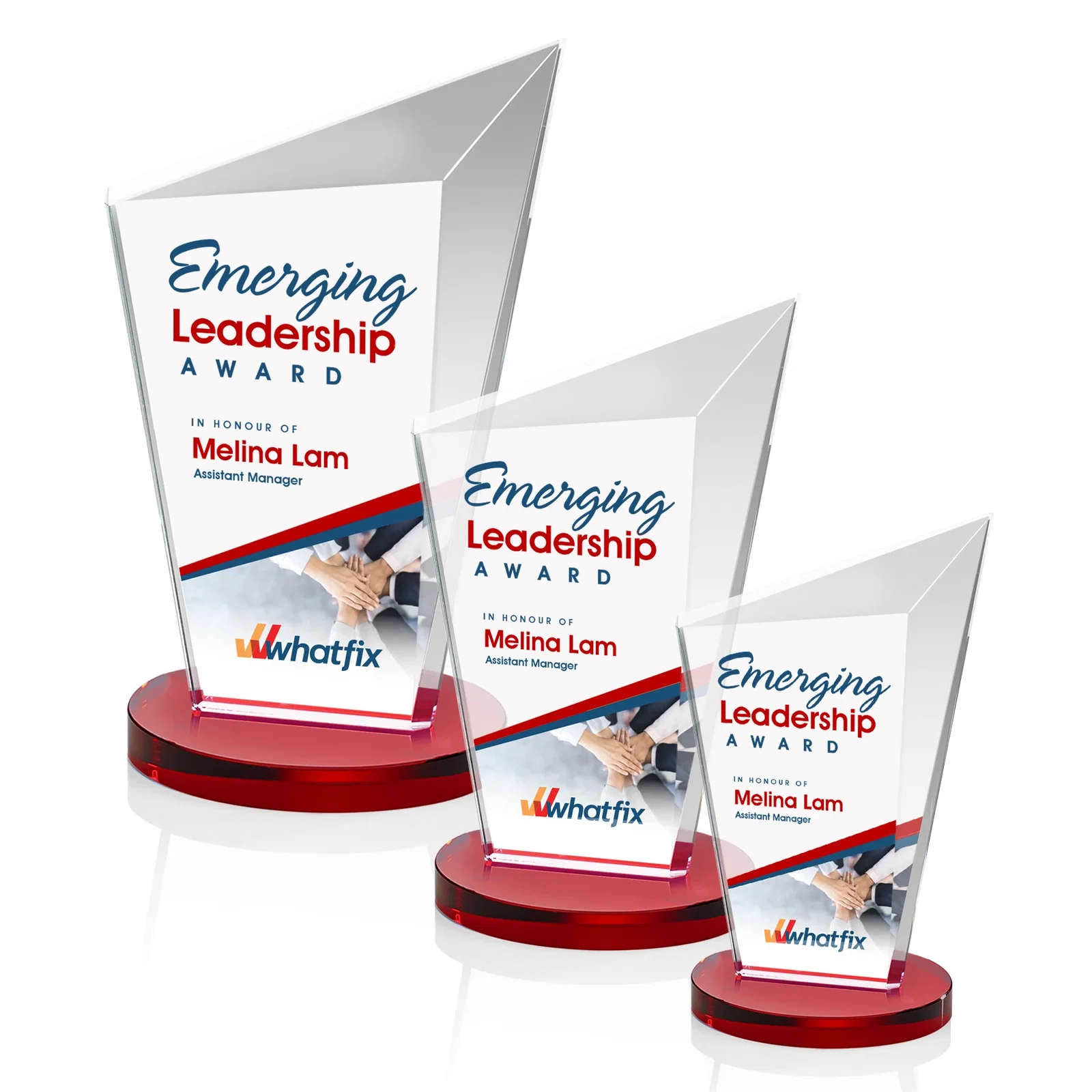 Custom printed Starfire Crystal Peak Award with Upward-Angled Top Bevel, awards for retirement presentations