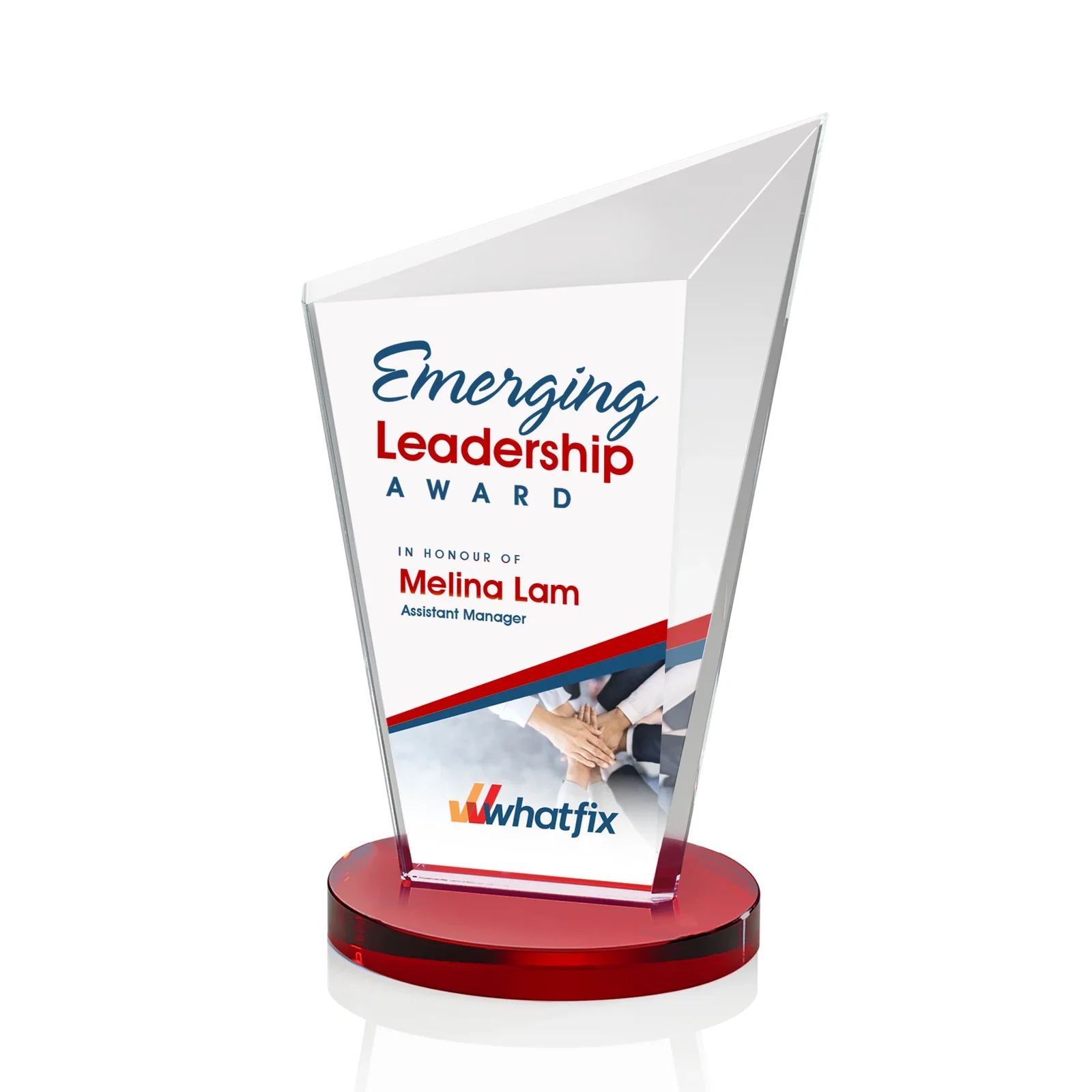 Custom printed Starfire Crystal Peak Award with Upward-Angled Top Bevel, awards for team milestone celebrations