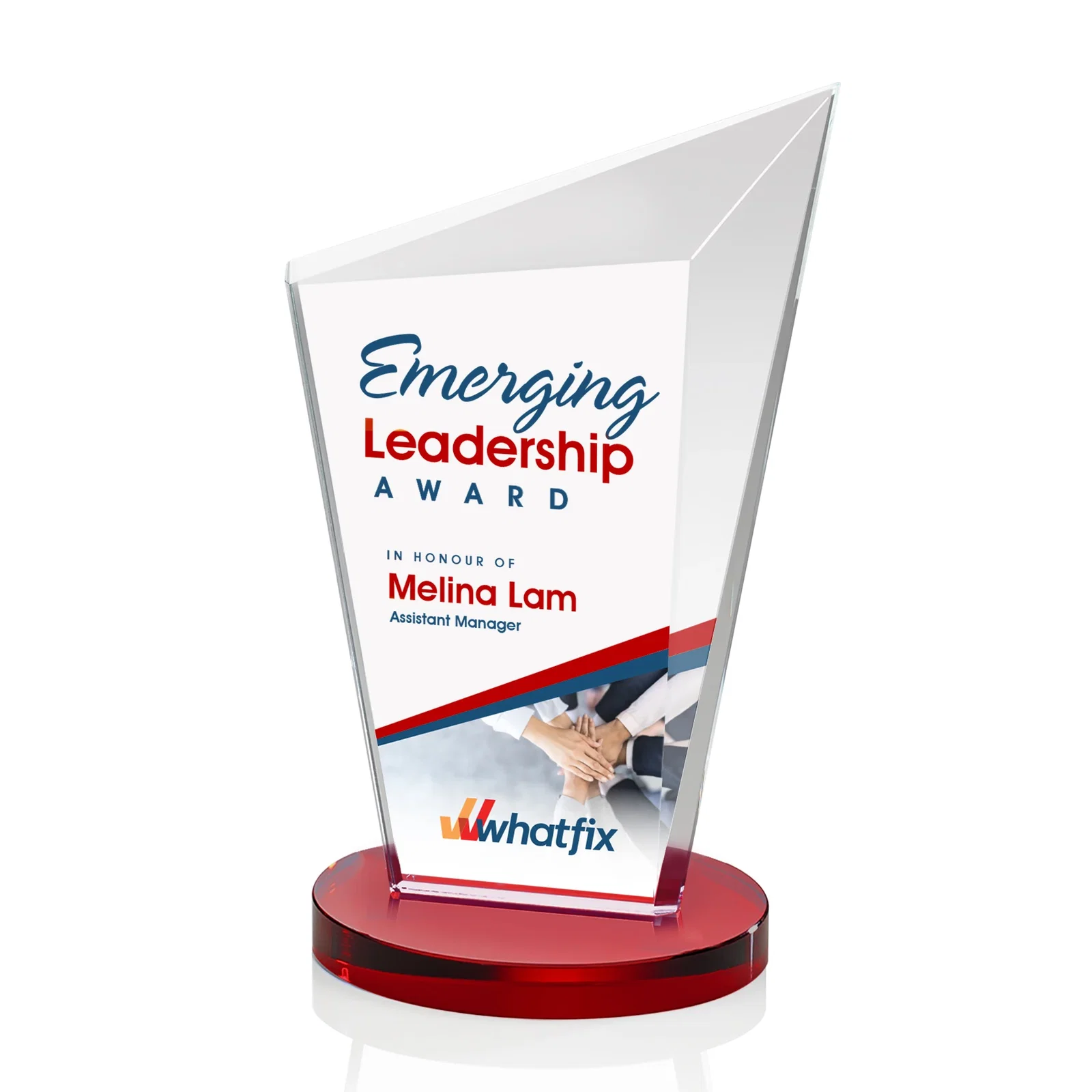Custom printed Starfire Crystal Peak Award with Upward-Angled Top Bevel, awards for donor appreciation