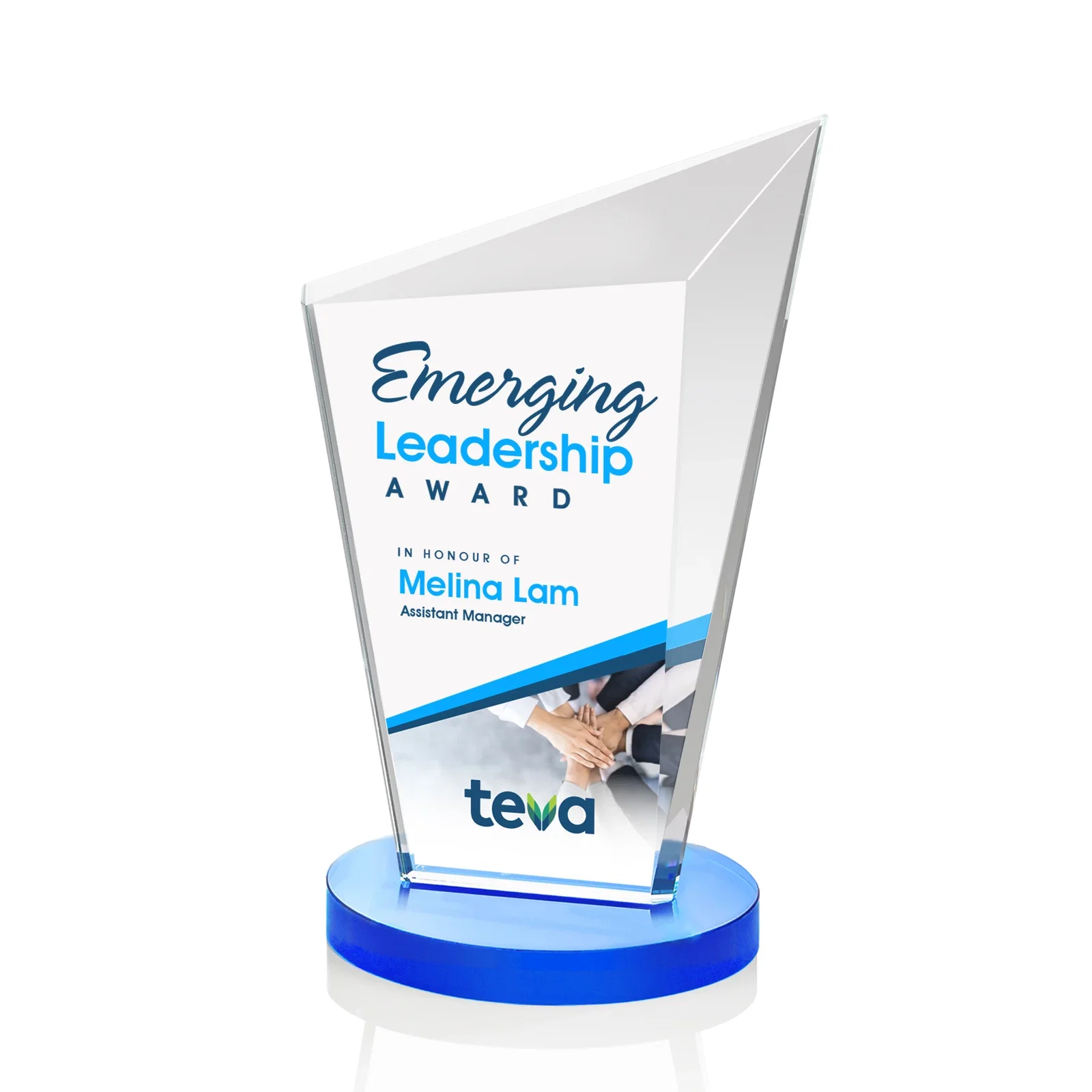 Custom printed Starfire Crystal Peak Award with Upward-Angled Top Bevel, awards for volunteer appreciation