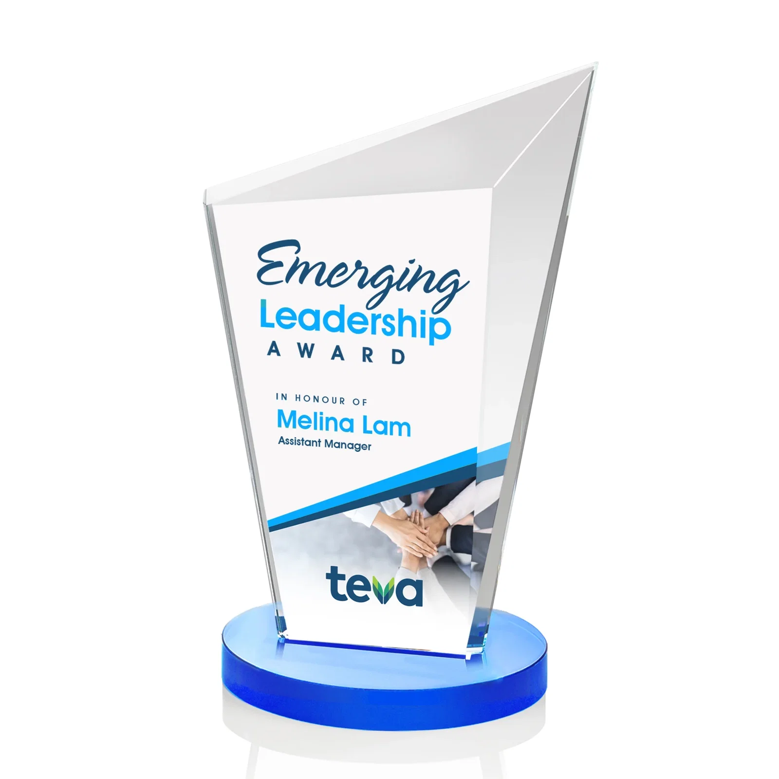 Custom printed Starfire Crystal Peak Award with Upward-Angled Top Bevel, awards for dealer and partner awards