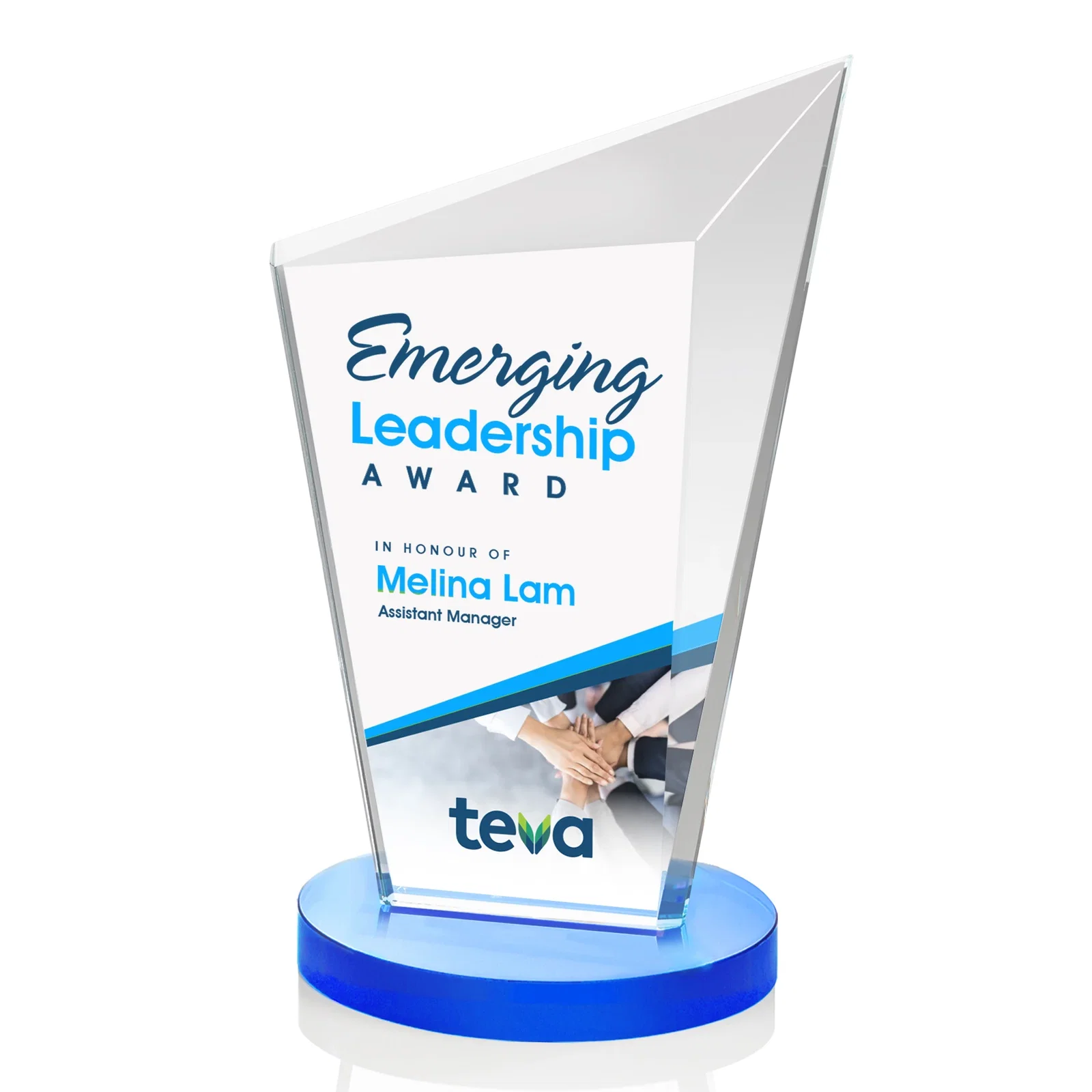 Custom printed Starfire Crystal Peak Award with Upward-Angled Top Bevel, awards for company anniversary events