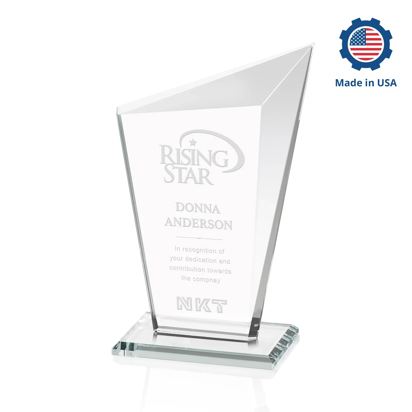 Customized Starfire Crystal Peak Award with Upward-Angled Top Bevel, awards for team milestone celebrations
