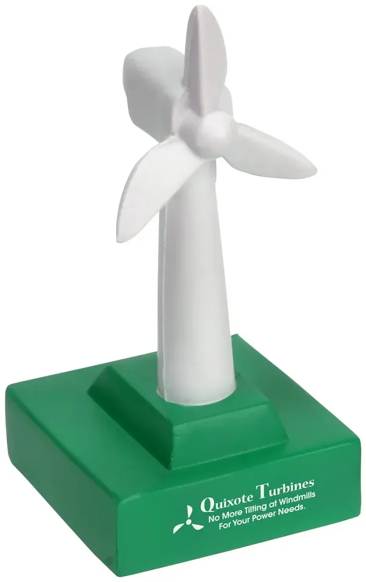 Wind turbine custom stress reliever, branded promotional squeeze toy for clean-energy logo giveaways