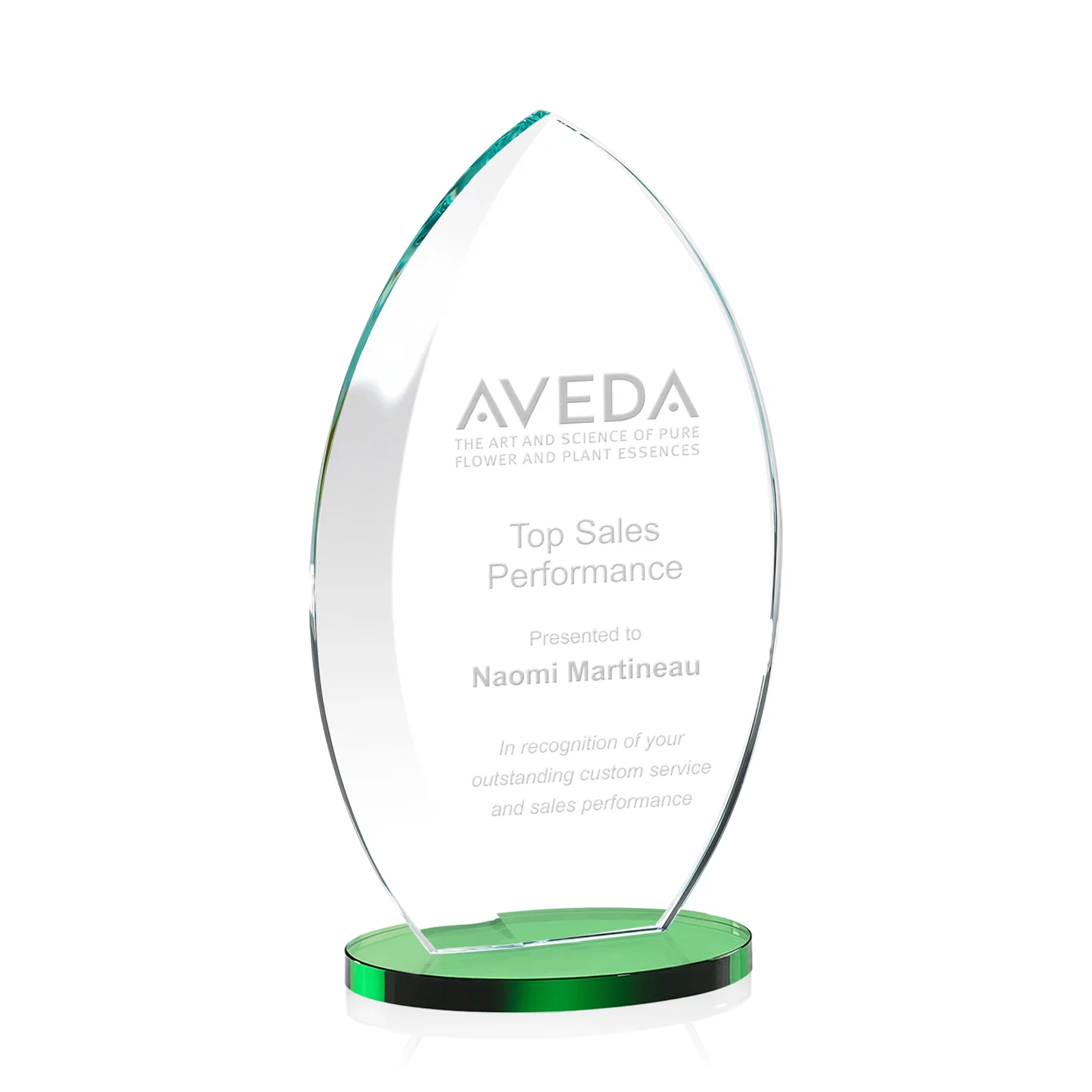 Personalized Starfire Crystal Award with Arced Sides on a Clear Round Base for employee recognition