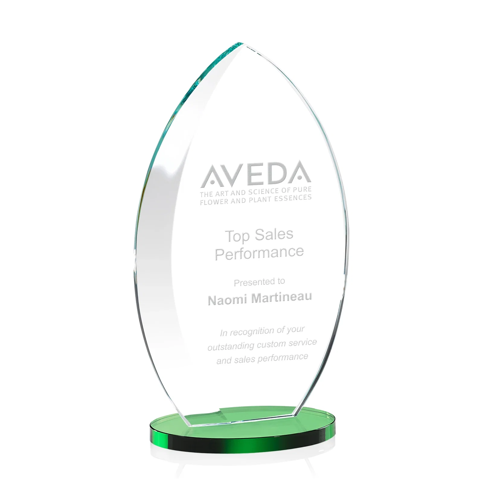 Personalized Starfire Crystal Award with Arced Sides on a Clear Round Base for corporate award ceremonies