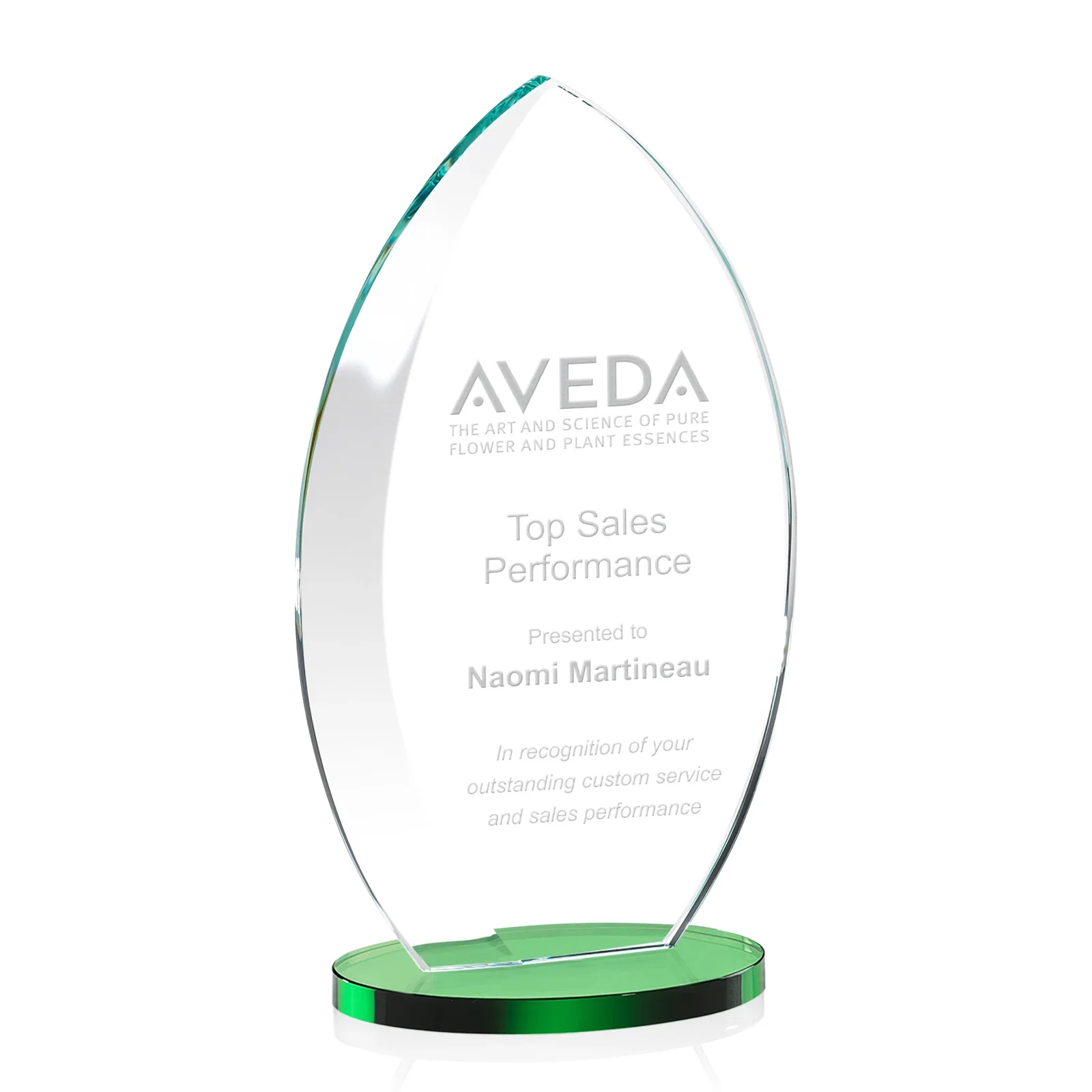 Personalized Starfire Crystal Award with Arced Sides on a Clear Round Base for service anniversary gifts