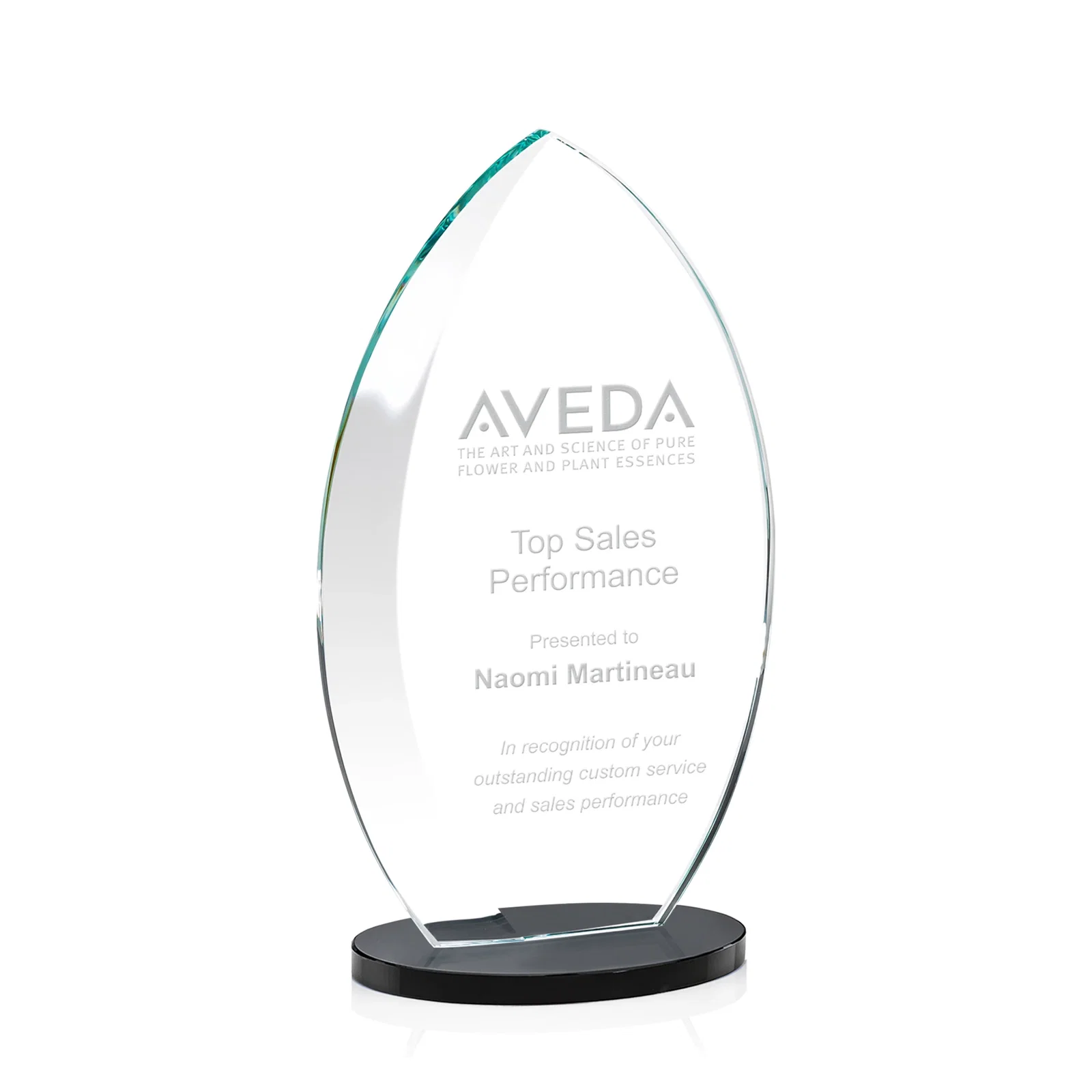 Personalized Starfire Crystal Award with Arced Sides on a Clear Round Base for retirement presentations