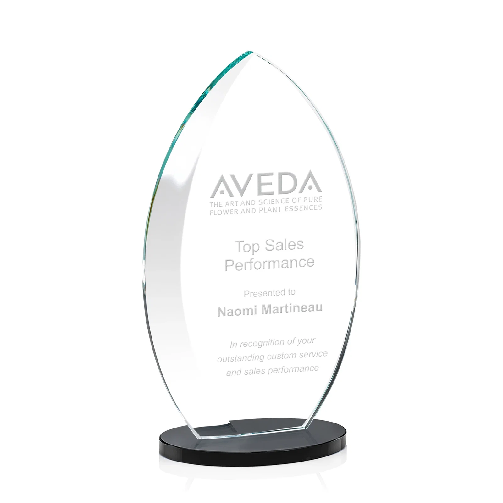 Personalized Starfire Crystal Award with Arced Sides on a Clear Round Base for team milestone celebrations