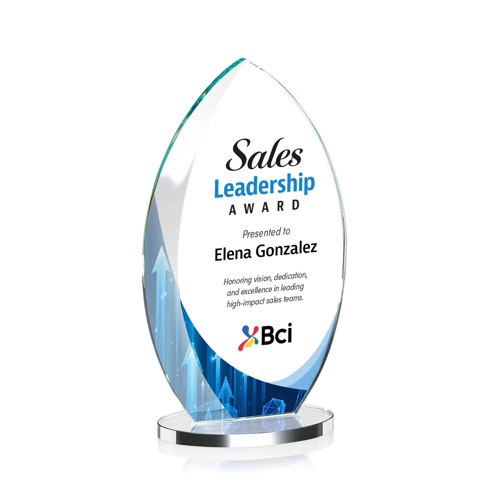 Custom Starfire Crystal Award with Arced Sides on a Clear Round Base for corporate award ceremonies