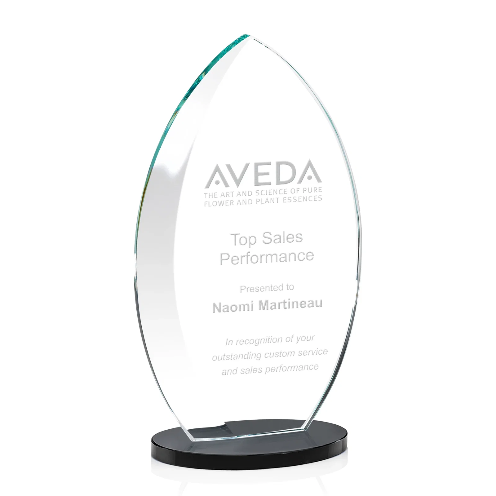 Personalized Starfire Crystal Award with Arced Sides on a Clear Round Base for graduation ceremonies