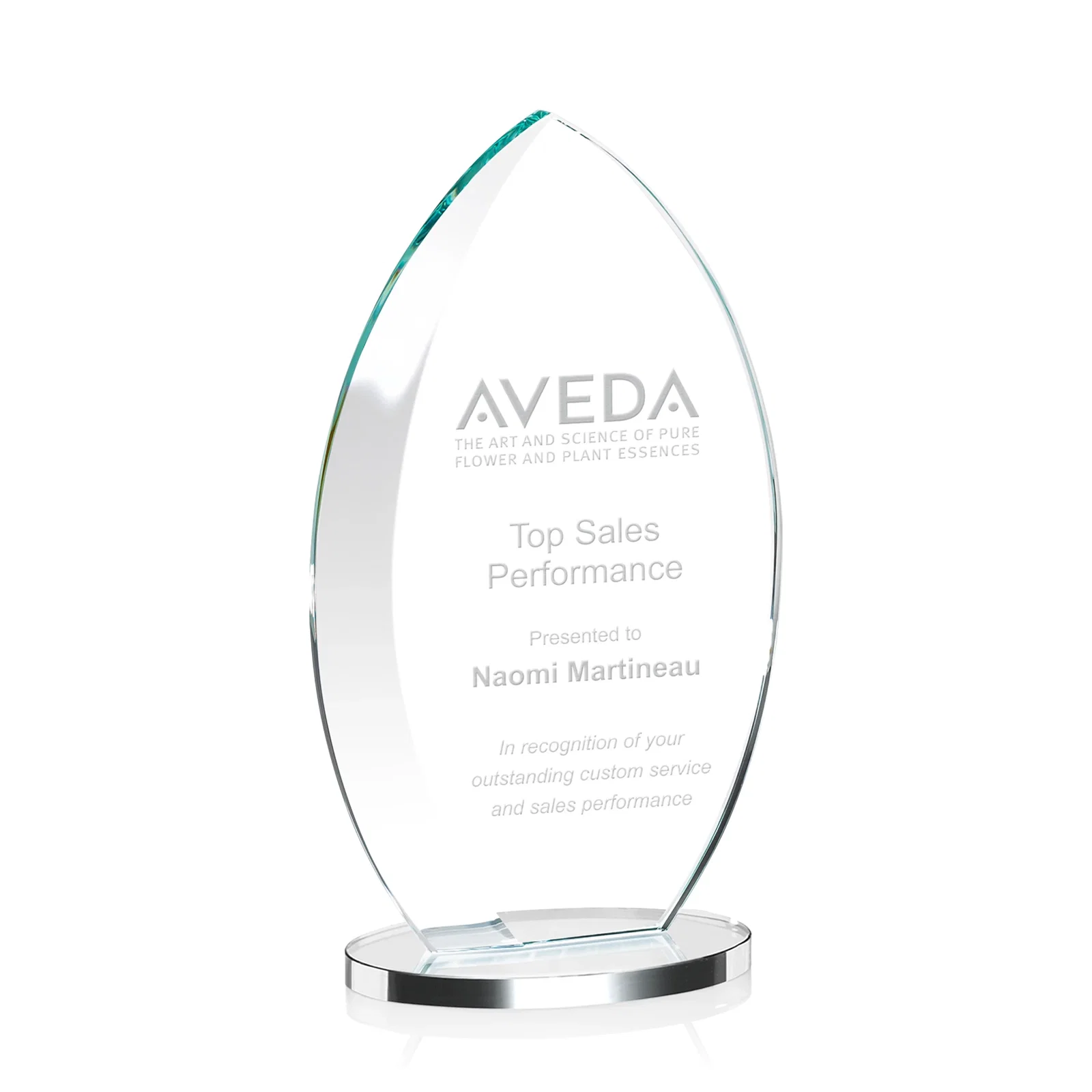 Personalized Starfire Crystal Award with Arced Sides on a Clear Round Base for dealer and partner awards