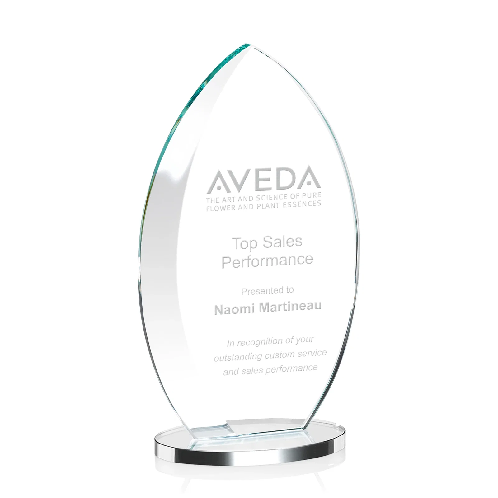 Personalized Starfire Crystal Award with Arced Sides on a Clear Round Base for company anniversary events