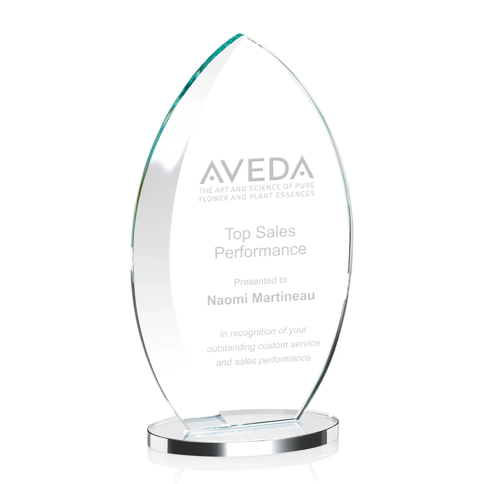 Promotional Starfire Crystal Award with Arced Sides on a Clear Round Base for employee recognition