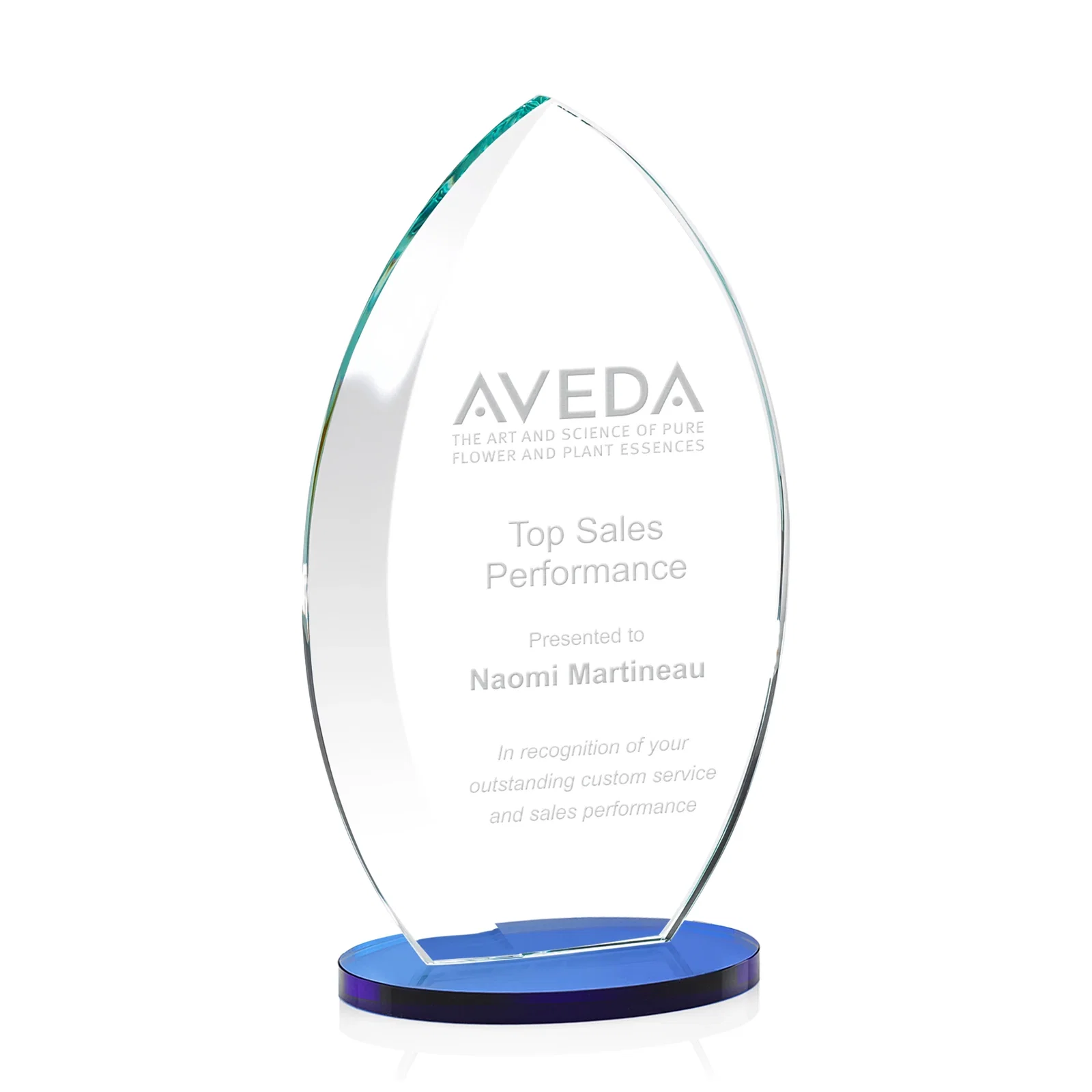 Promotional Starfire Crystal Award with Arced Sides on a Clear Round Base for retirement presentations