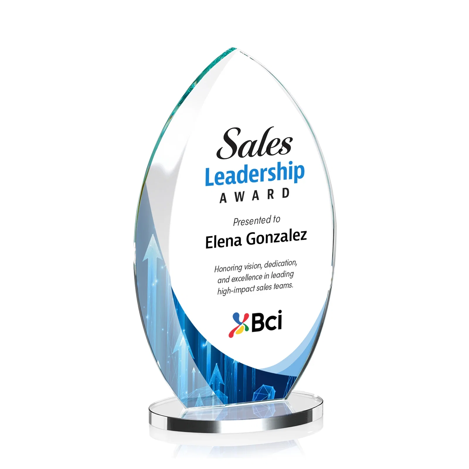 Custom Starfire Crystal Award with Arced Sides on a Clear Round Base for service anniversary gifts