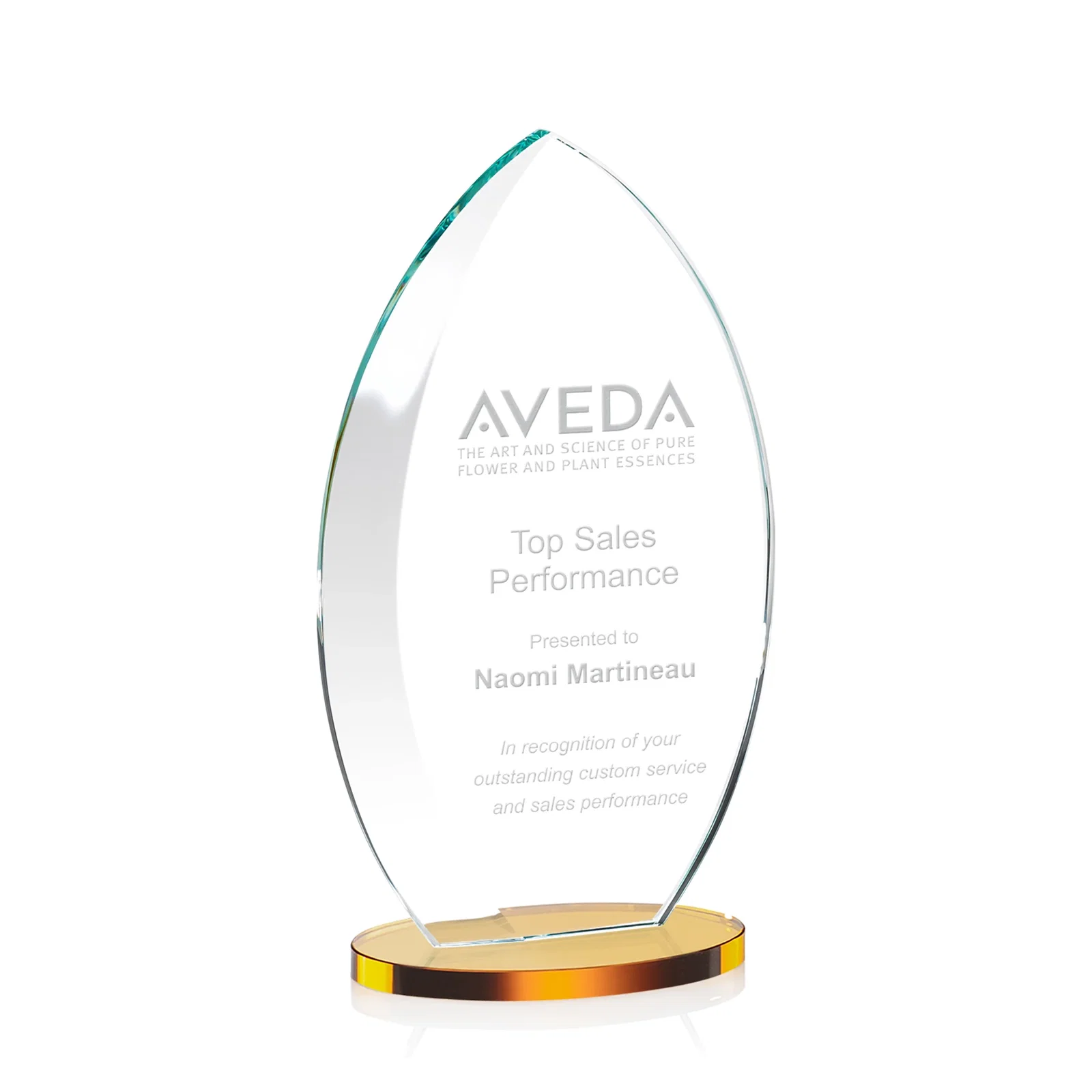 Branded Starfire Crystal Award with Arced Sides on a Clear Round Base for employee recognition