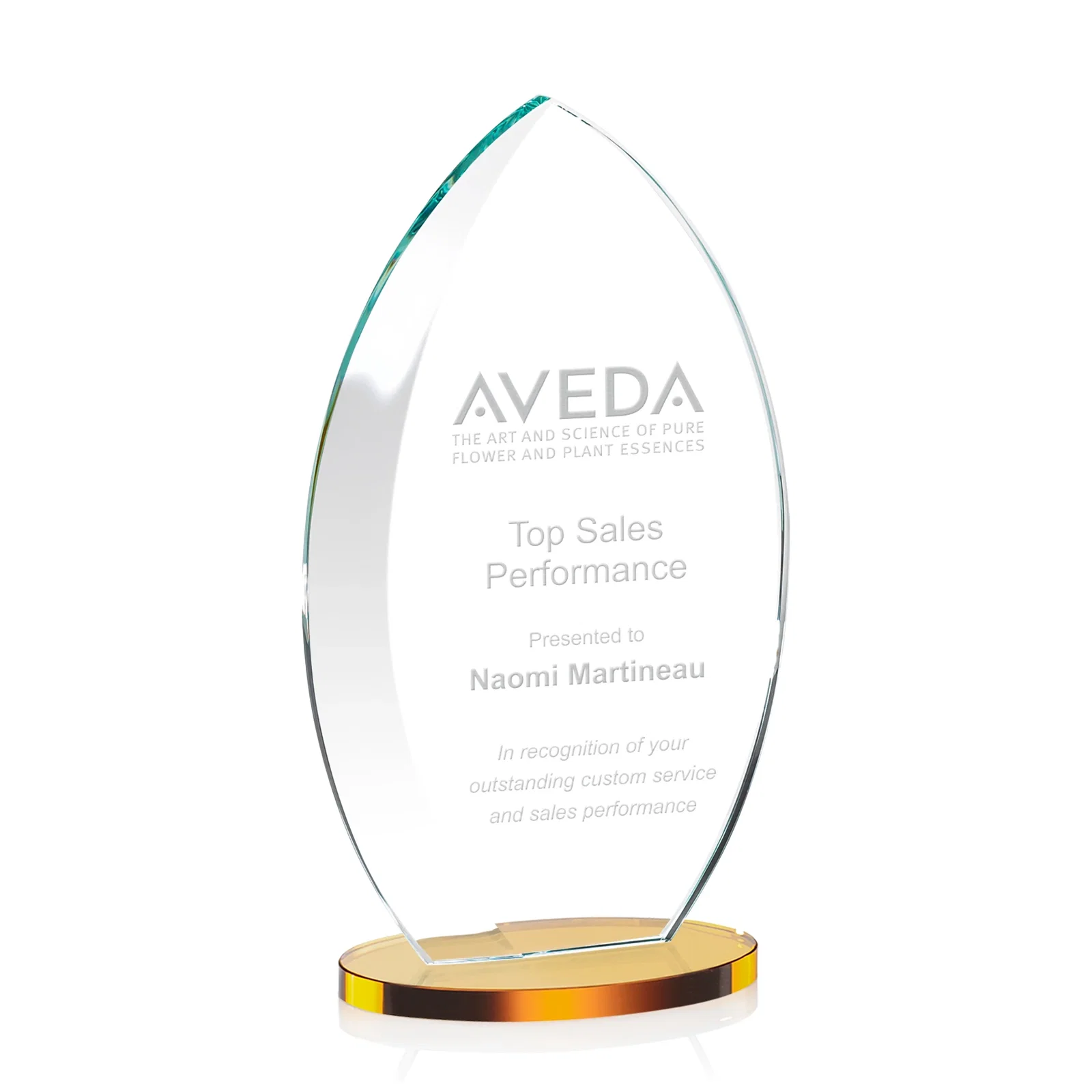 Branded Starfire Crystal Award with Arced Sides on a Clear Round Base for service anniversary gifts