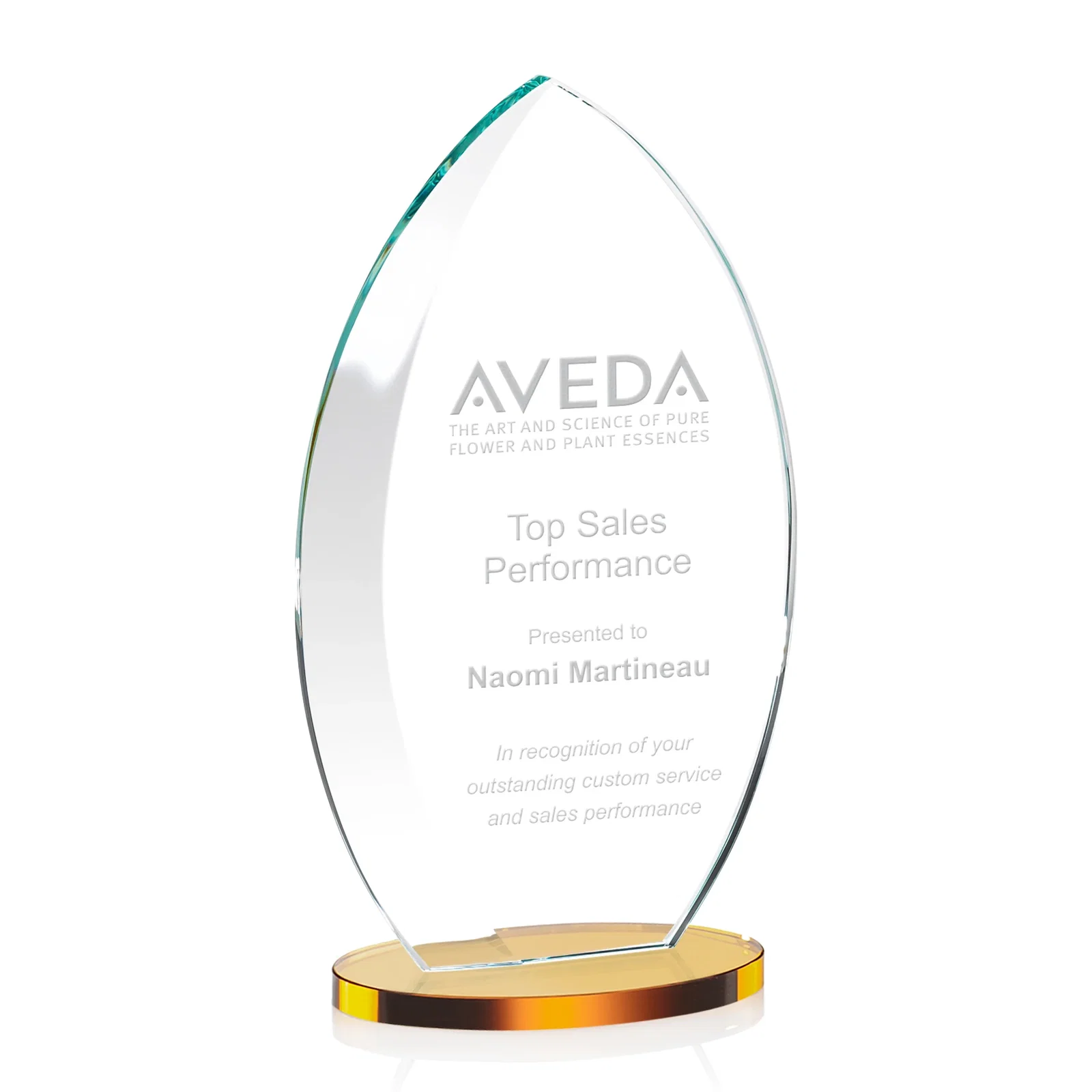 Branded Starfire Crystal Award with Arced Sides on a Clear Round Base for sales achievement awards