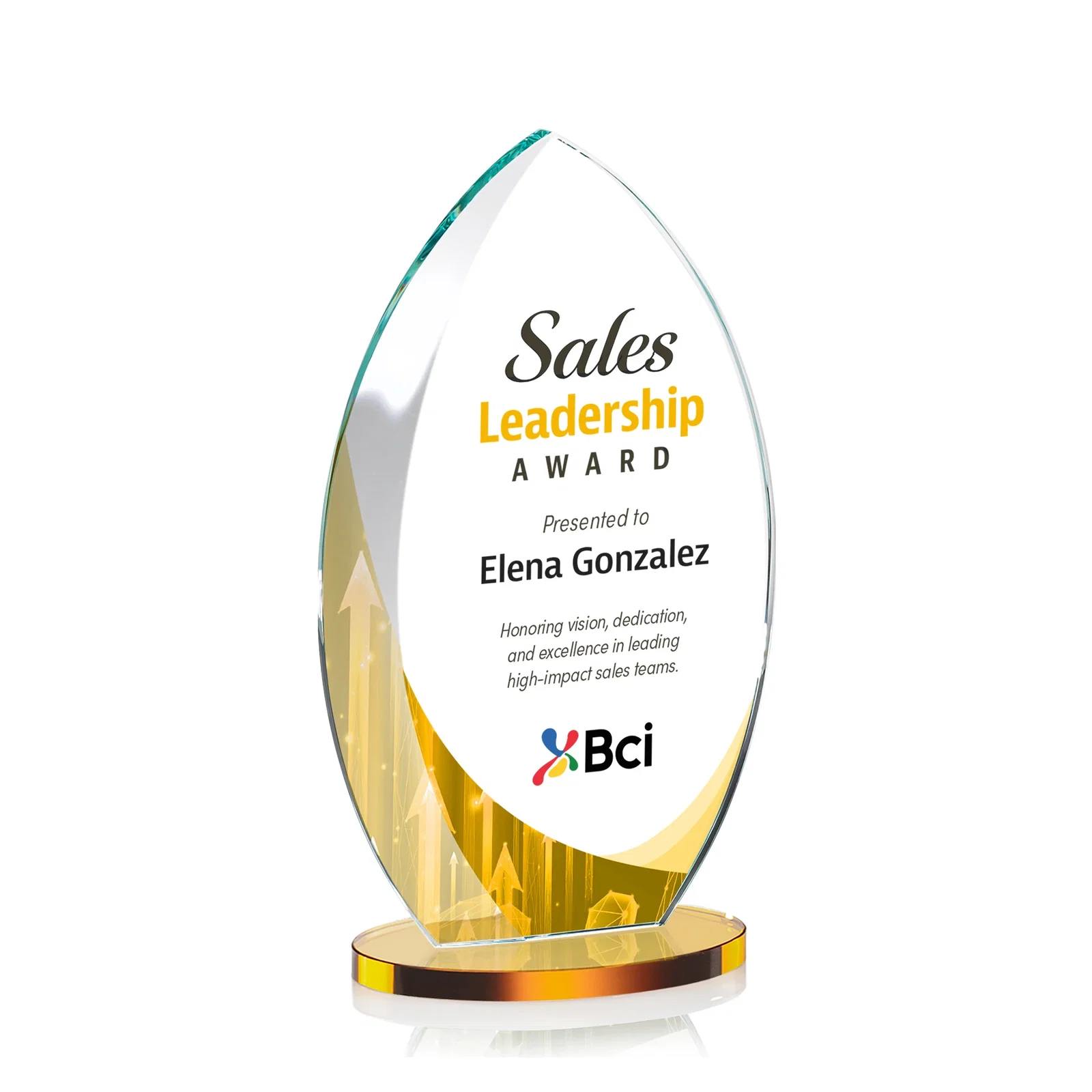 Branded Starfire Crystal Award with Arced Sides on a Clear Round Base for dealer and partner awards