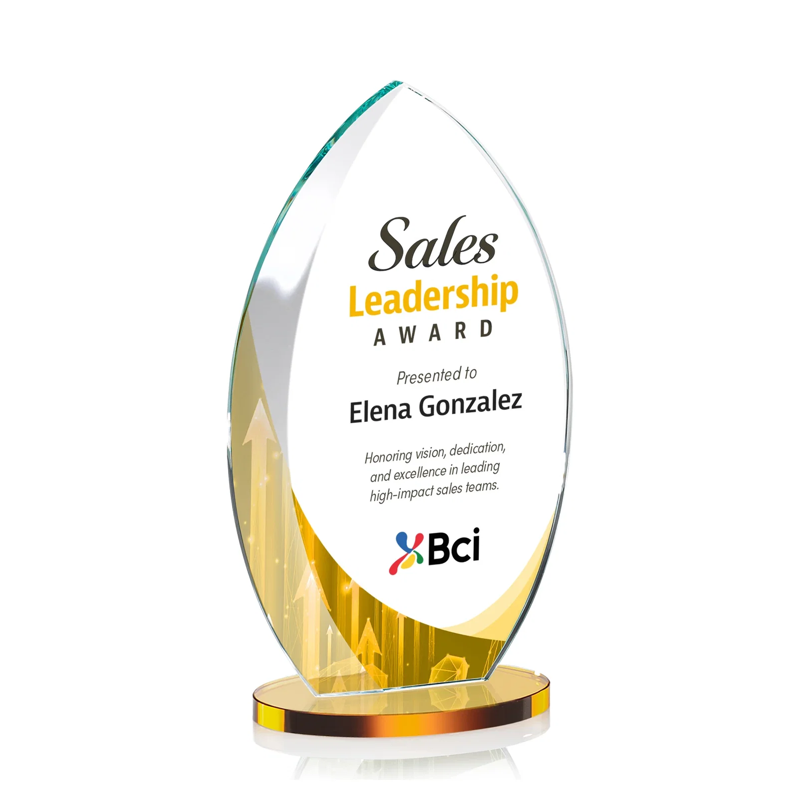 Branded Starfire Crystal Award with Arced Sides on a Clear Round Base for company anniversary events